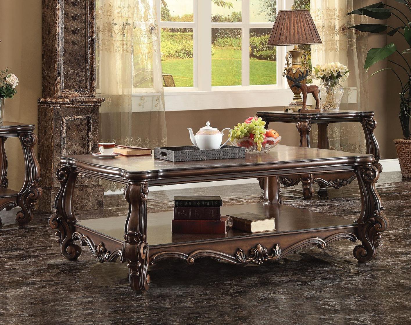 Cherry Oak Coffee Table Set 3Pcs 82120 Versailles Acme Carved Wood ...