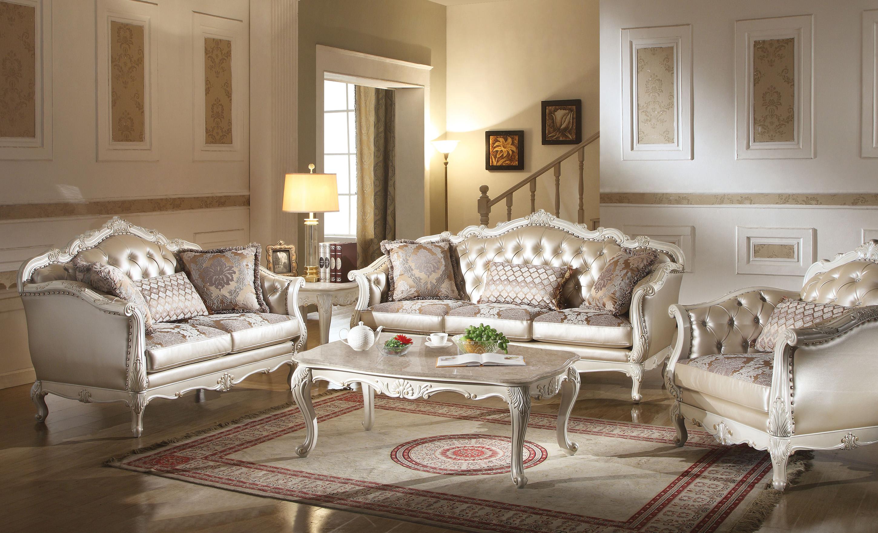 Classic, Traditional Sofa Loveseat and Table Set Chantelle 53540 53540 Chantelle-Set-5 in Pearl White, Platinum Fabric