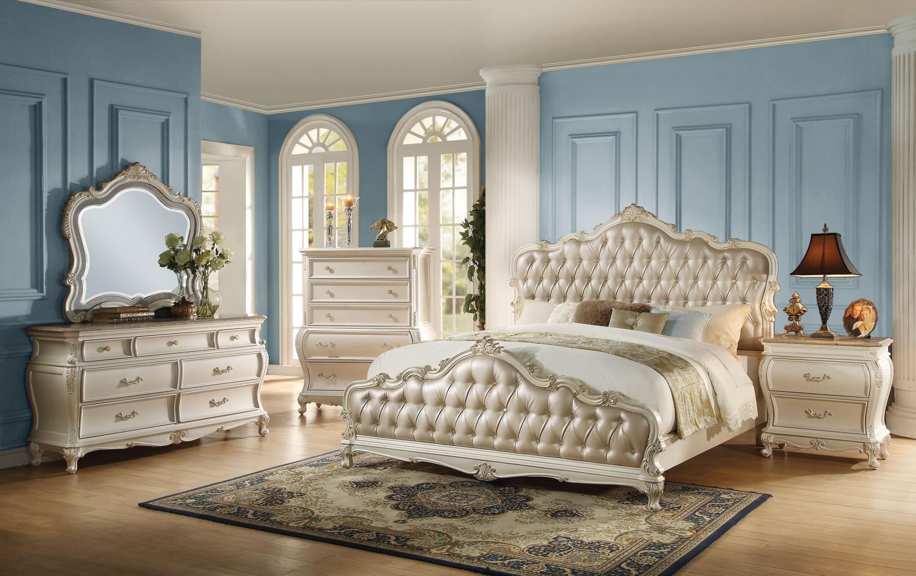 

    
Rose Gold Pearl White Queen Bedroom Set 4Pcs Chantelle 23540Q Acme Classic
