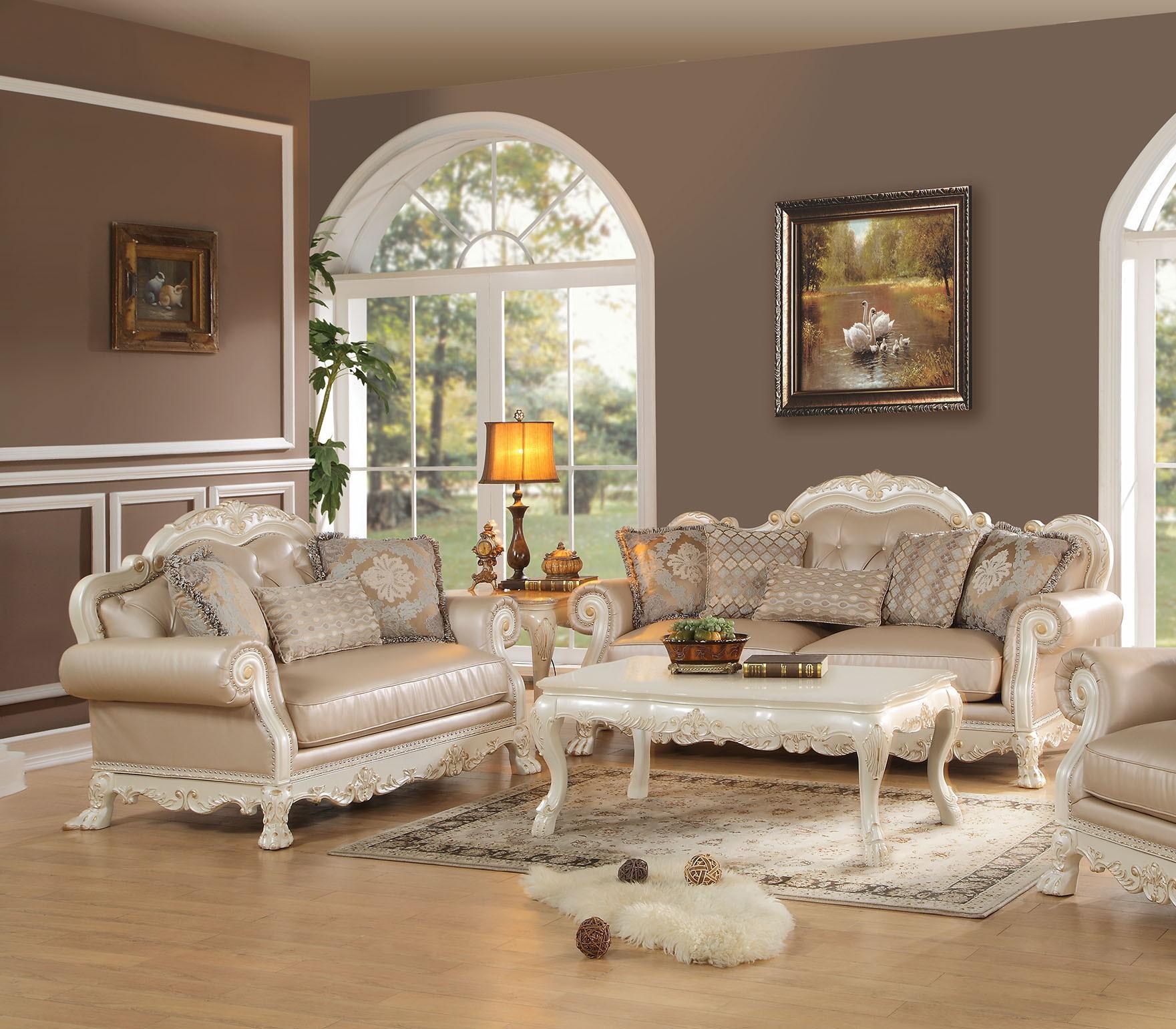 

    
Acme Furniture Dresden 53260 Antique White Sofa Loveseat and Table Set 5Pcs Wood Classic
