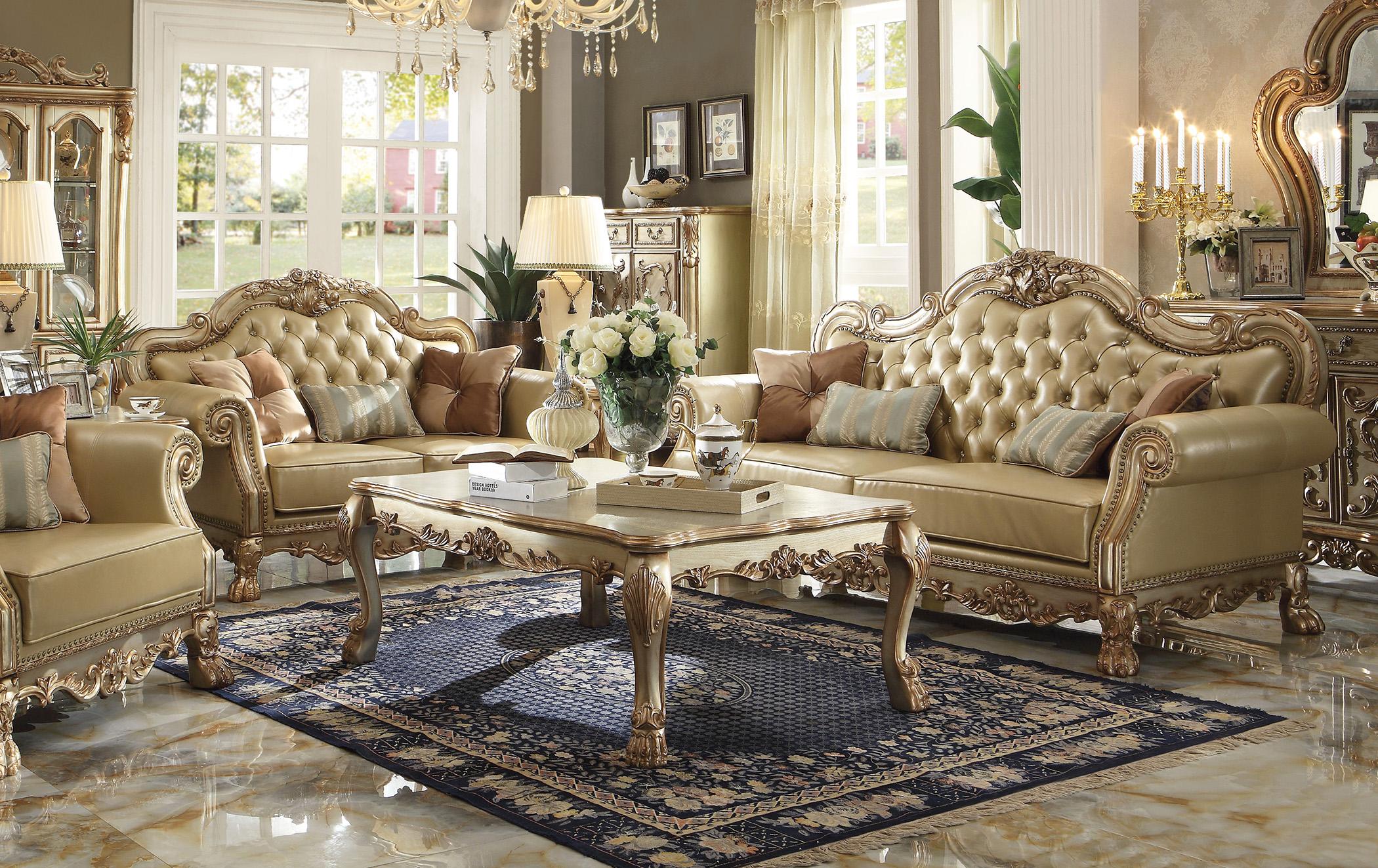 Traditional,  Vintage Sofa Loveseat Dresden-53160 Dresden-53160-Set-2 in Brown, Beige Faux Leather