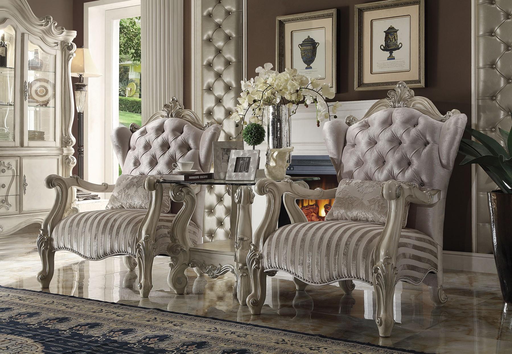 Traditional,  Vintage Armchairs and End Table Versailles-52087 Versailles-52087-Set-3 in Bone, White, Ivory Soft Velvet