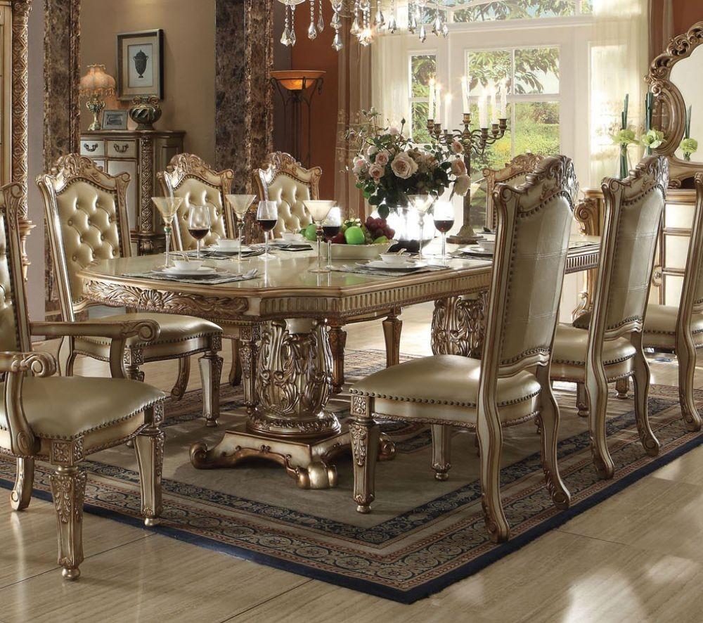 

    
Gold Patina and Bone Double Pedestal Dining Room Set 7Pcs Acme Furniture 63000 Vendome
