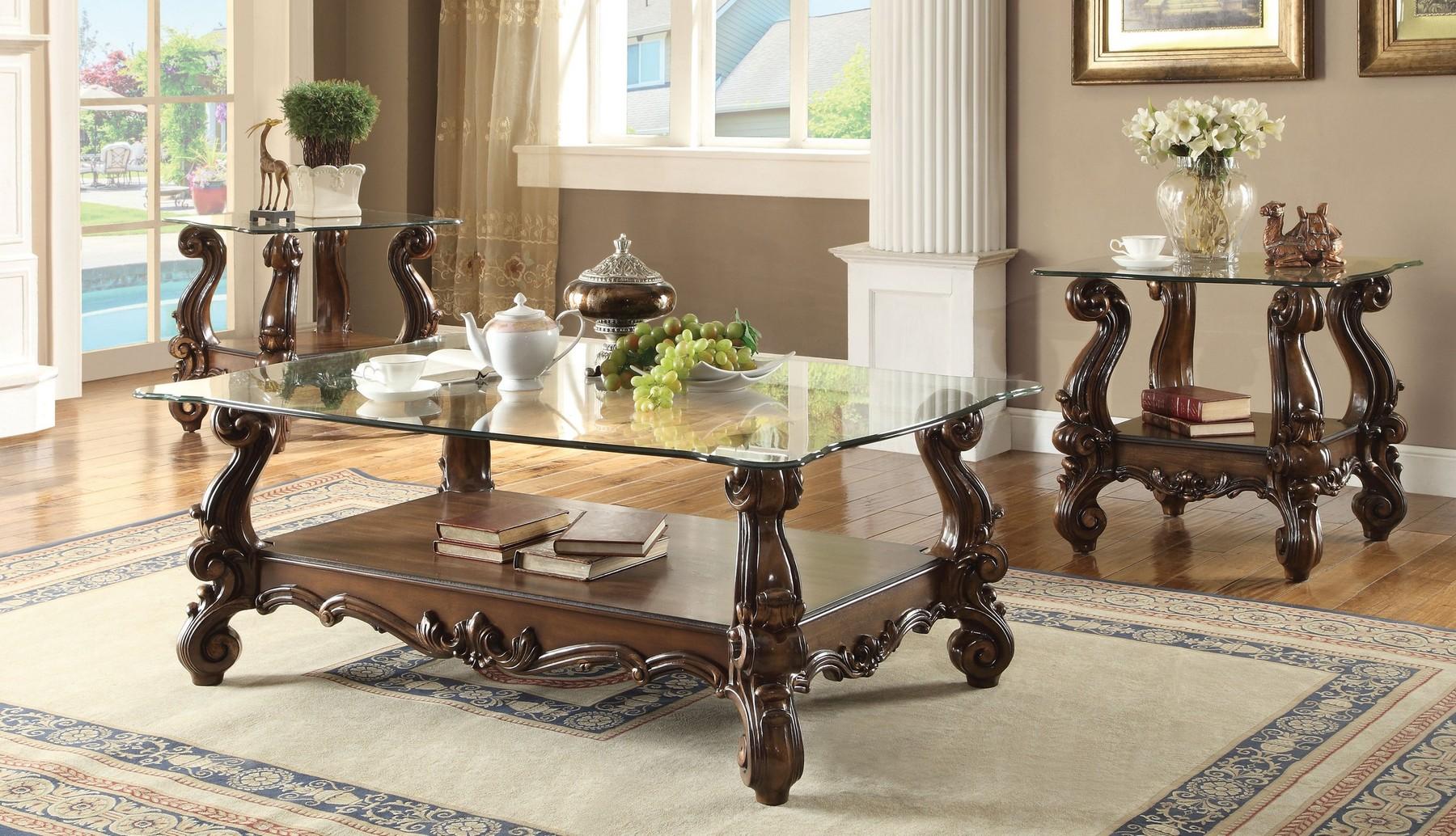 

    
Cherry Oak Glass Top Coffee Table Set 3Pcs Classic Acme Furniture 82100 Versailles
