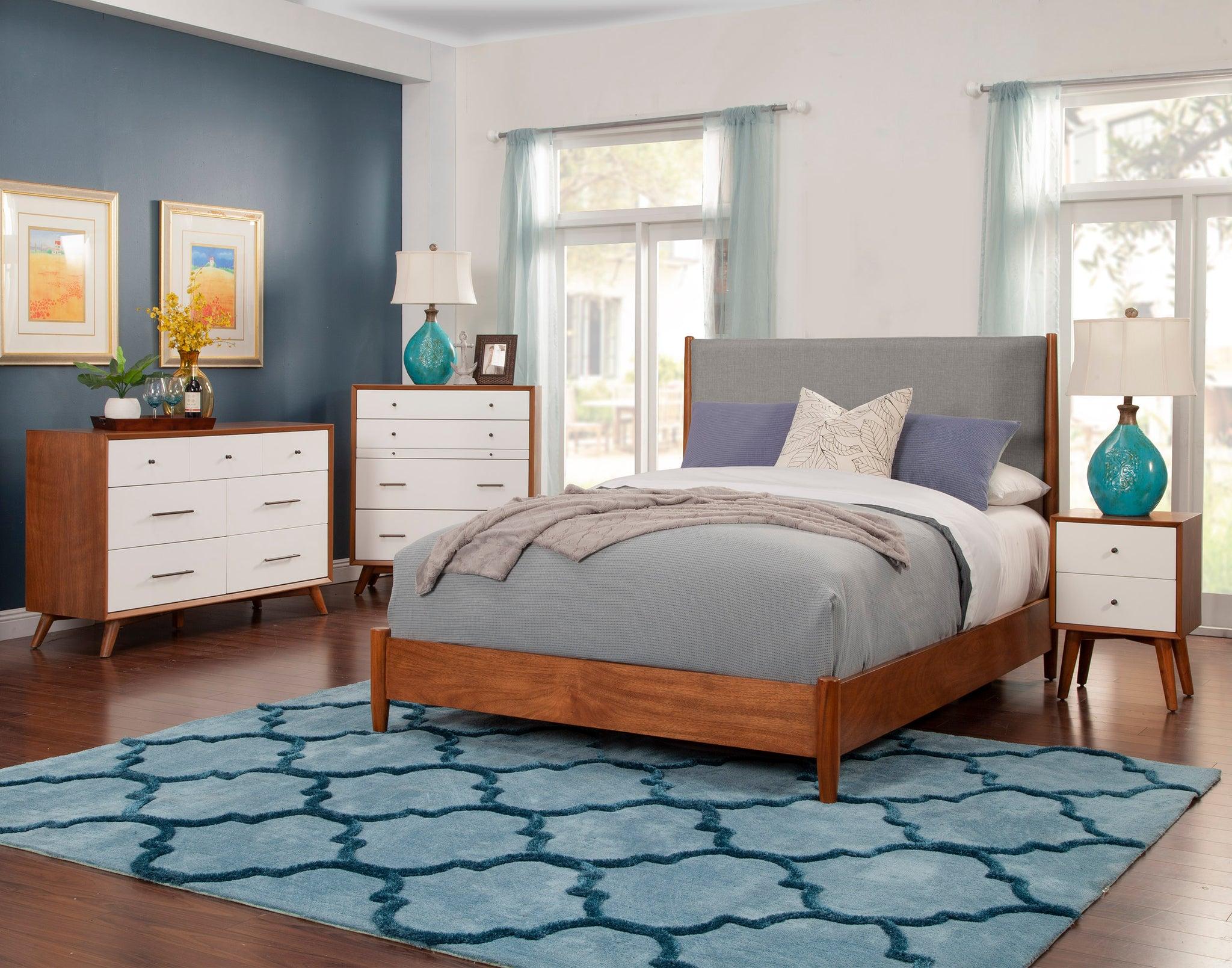 

    
Acorn/Grey Fabric King Panel Bedroom Set 4Pcs Flynn ALPINE Mid Century Modern
