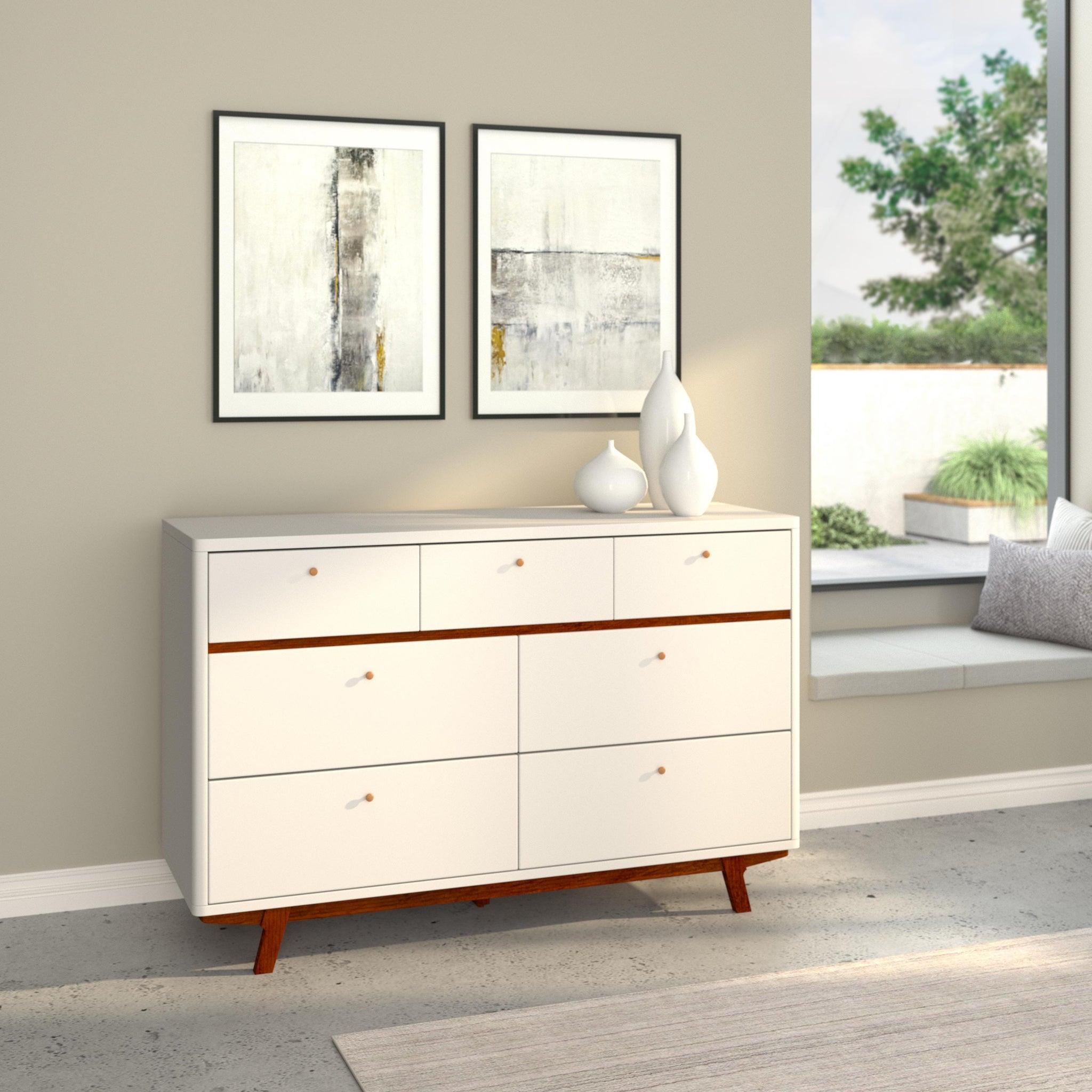 

    
Acorn & White Seven Drawer Dresser DAKOTA ALPINE Mid Century Modern

