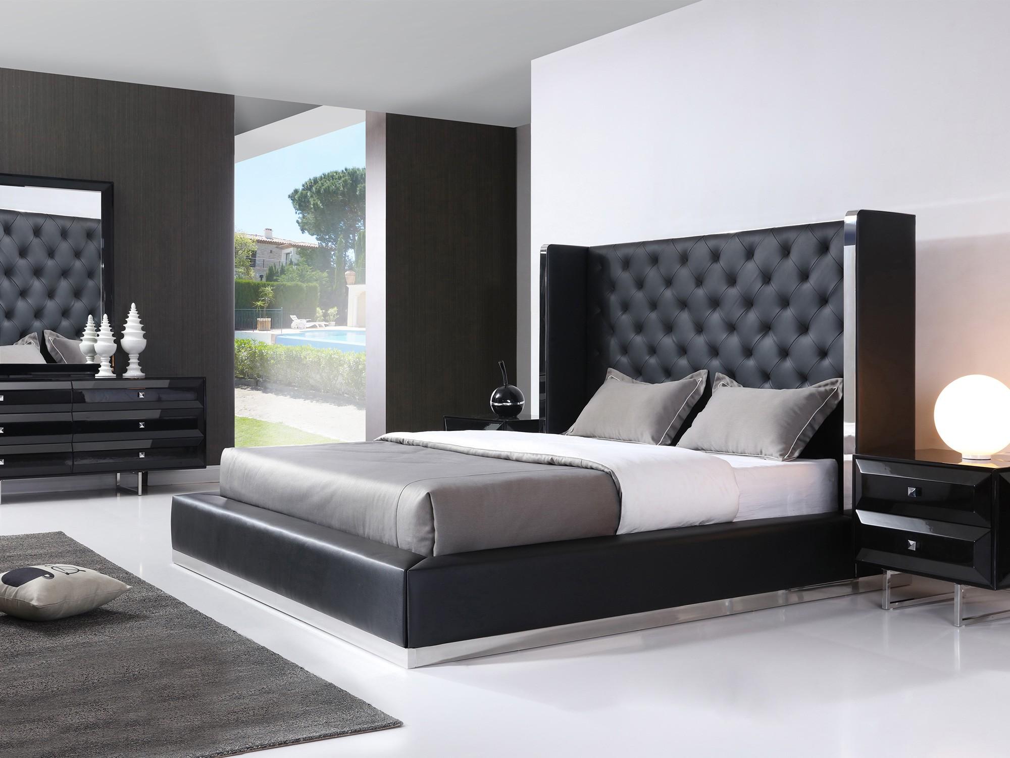 Contemporary Platform Bedroom Set Aesara Aesara Q Bed Set 5 in Black Faux Leather