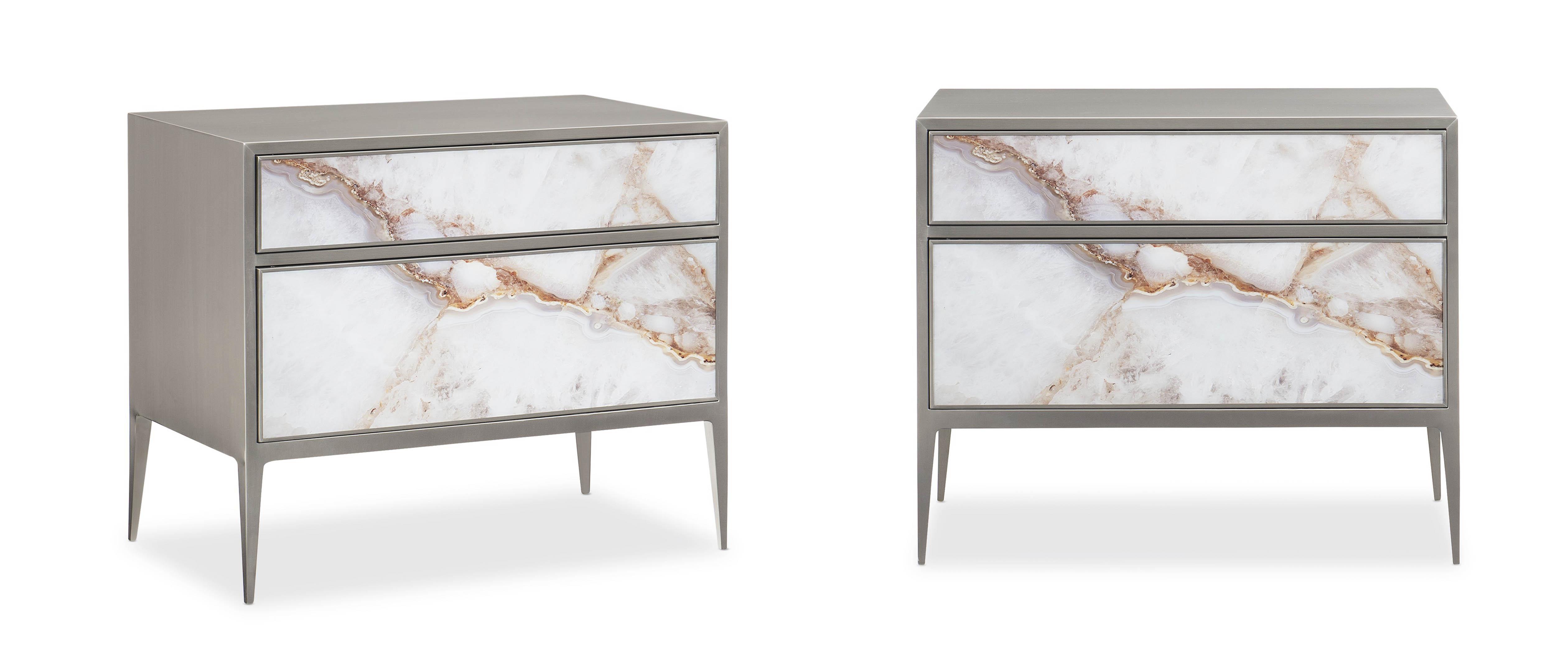 

    
Agate Pattern Finish & Frame in Brushed Nickel Nightstand Set 2Pcs A REAL GEM by Caracole

