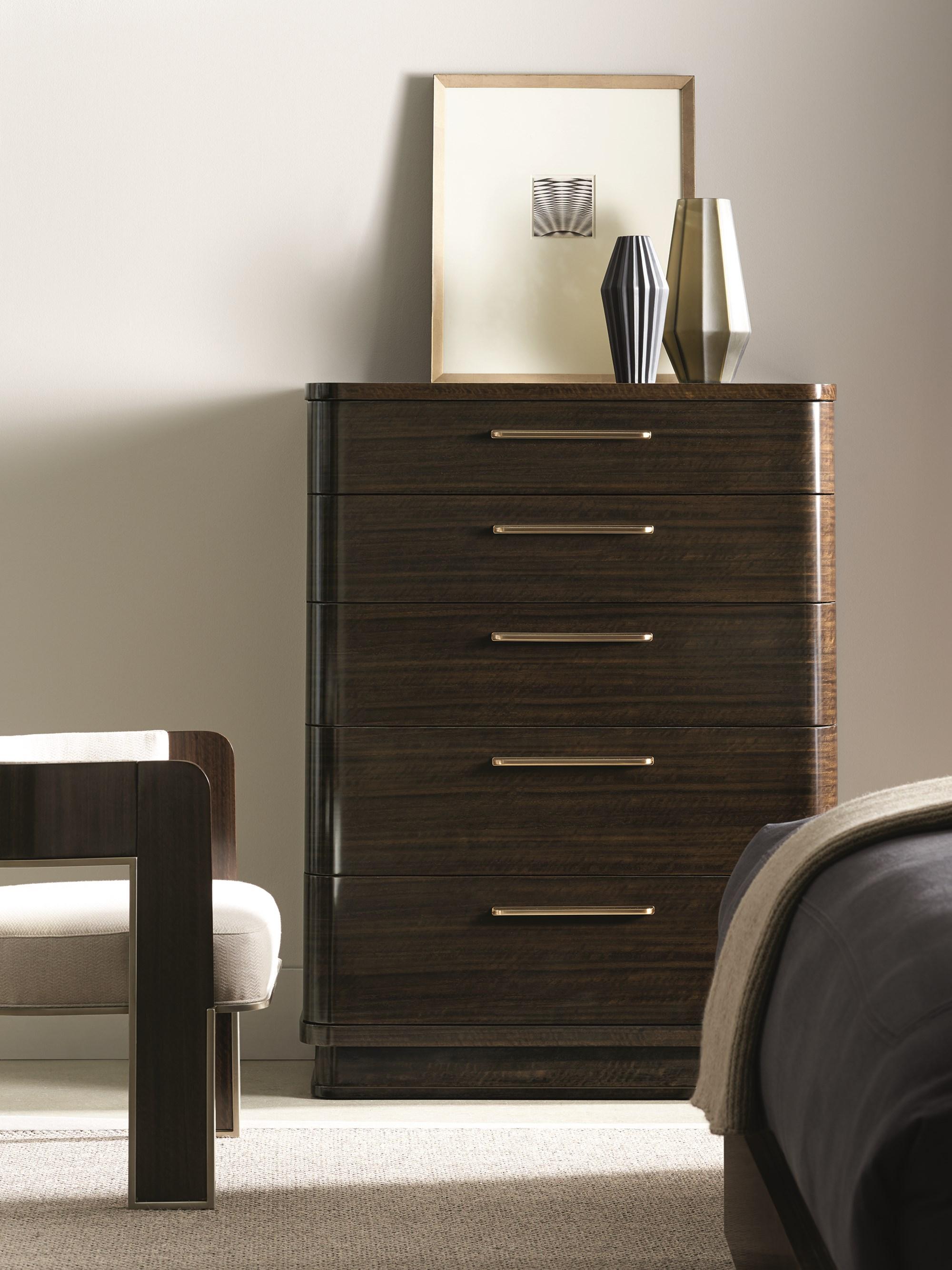 

    
Aged Bourbon Finish Five Soft-Close Drawers STREAMLINE CHEST by Caracole
