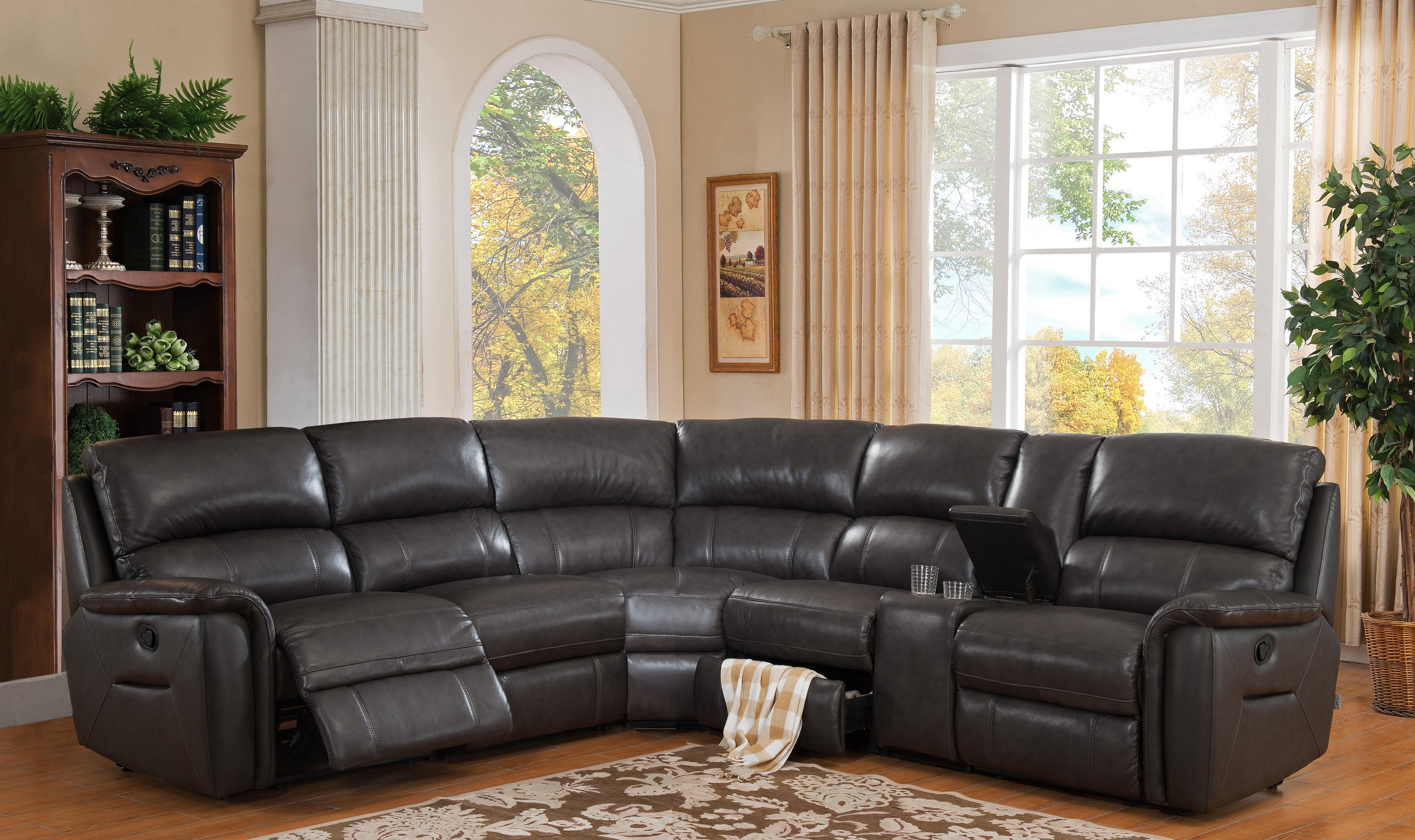 

    
Charcoal Grey Genuine Leather Power Reclining Sectional Sofa CAMINO HYDELINE®
