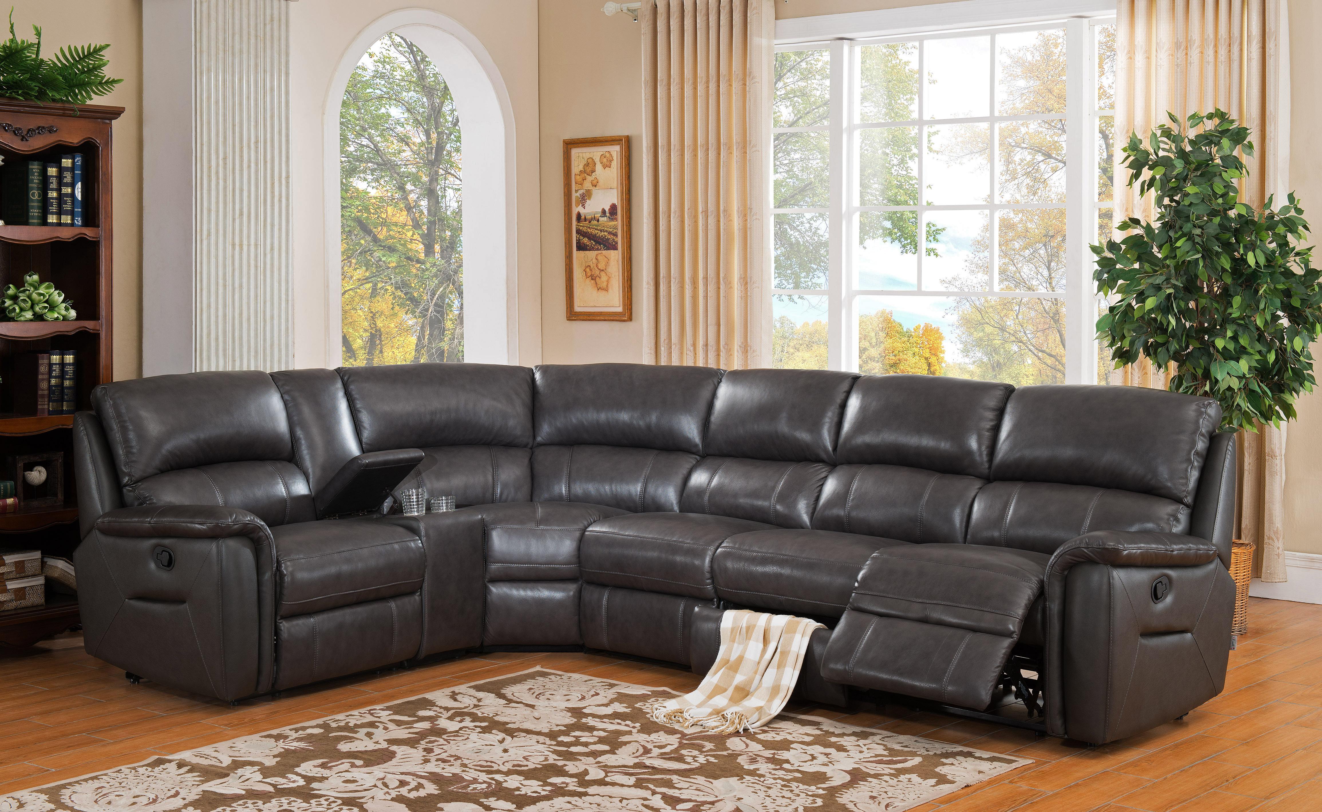 

    
Charcoal Grey Genuine Leather Power Reclining Sectional Sofa CAMINO HYDELINE®
