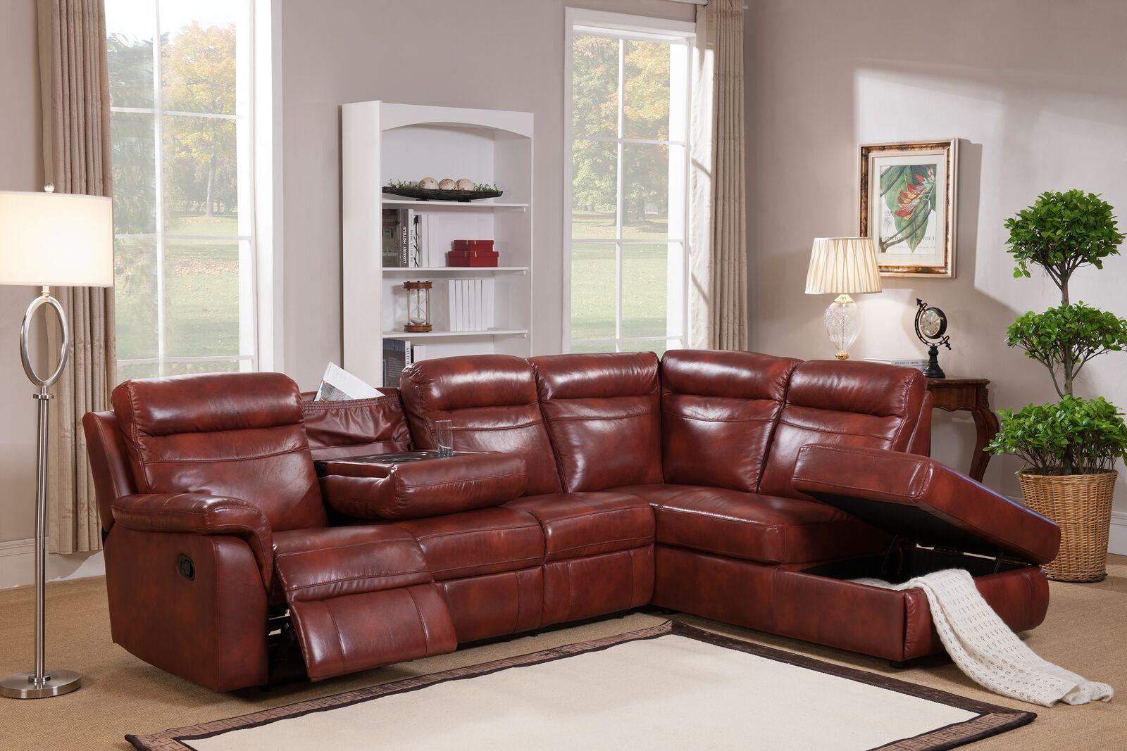 

    
Caramel Genuine Leather Reclining Sectional Sofa w/Storage Amax Leather Hariston
