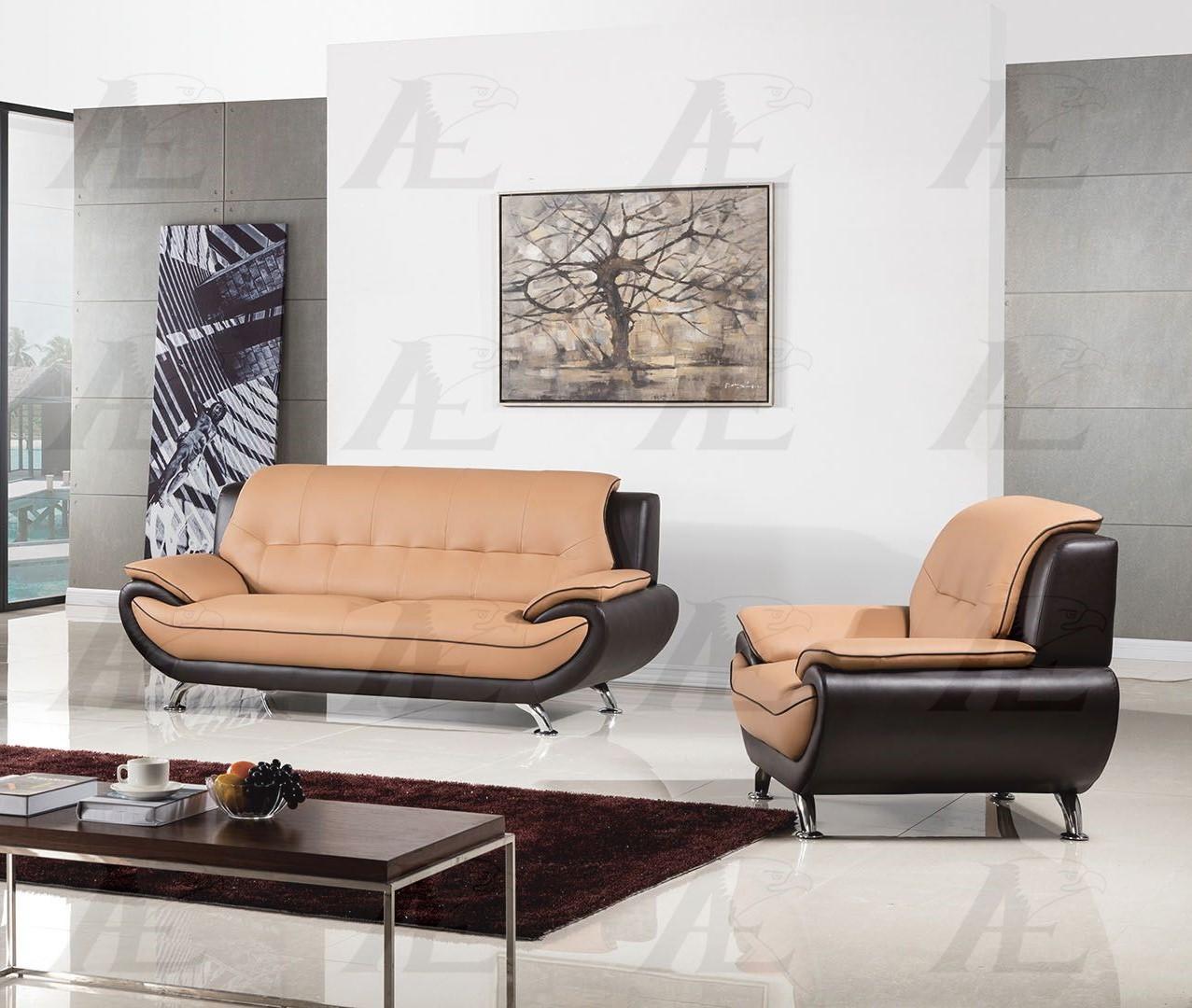 

    
Light/Dark Brown Faux Leather Sofa and Chair Set 2Pcs American Eagle AE208-YO.BR
