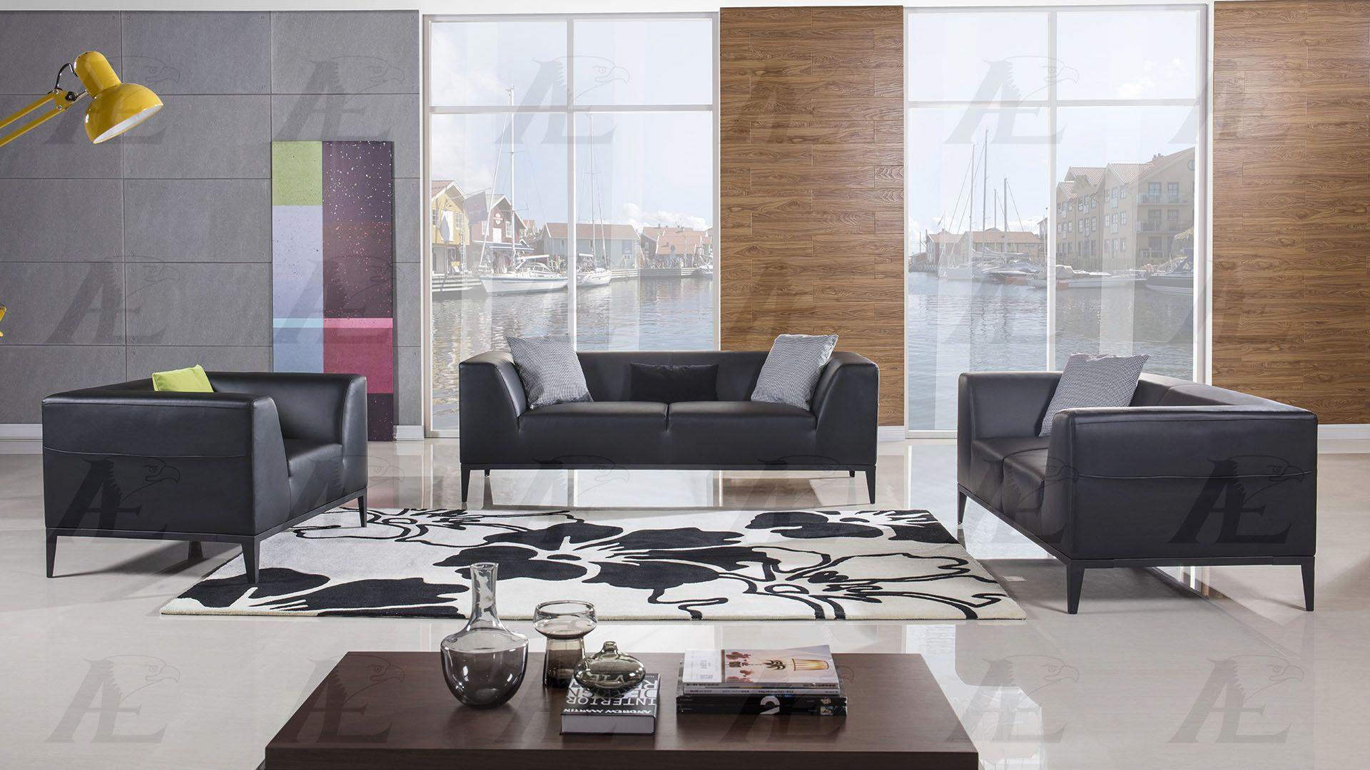 Contemporary, Modern Sofa Set AE-D820-BK AE-D820-BK-Set-3 in Black Bonded Leather