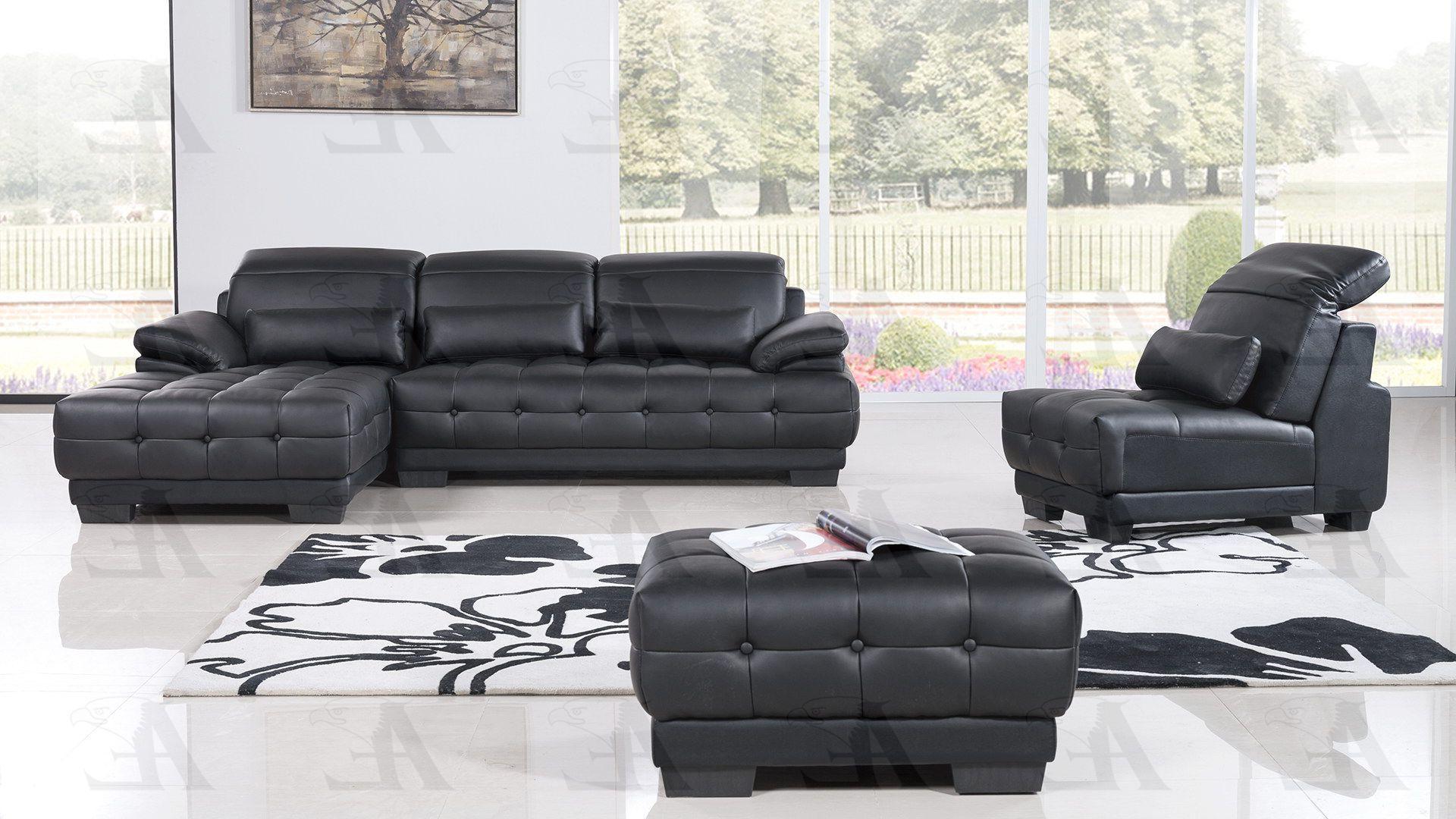 Modern Sofa Chaise Chair and Ottoman Set AE-L296-BK AE-L296-BK Set-4 LHC in Black Bonded Leather