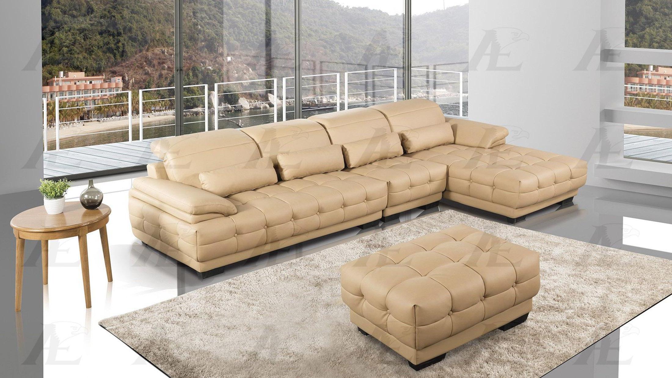 Modern Sofa Chaise Chair and Ottoman Set AE-L296-BK AE-L296-CA Set-4 RHC in Tan Bonded Leather