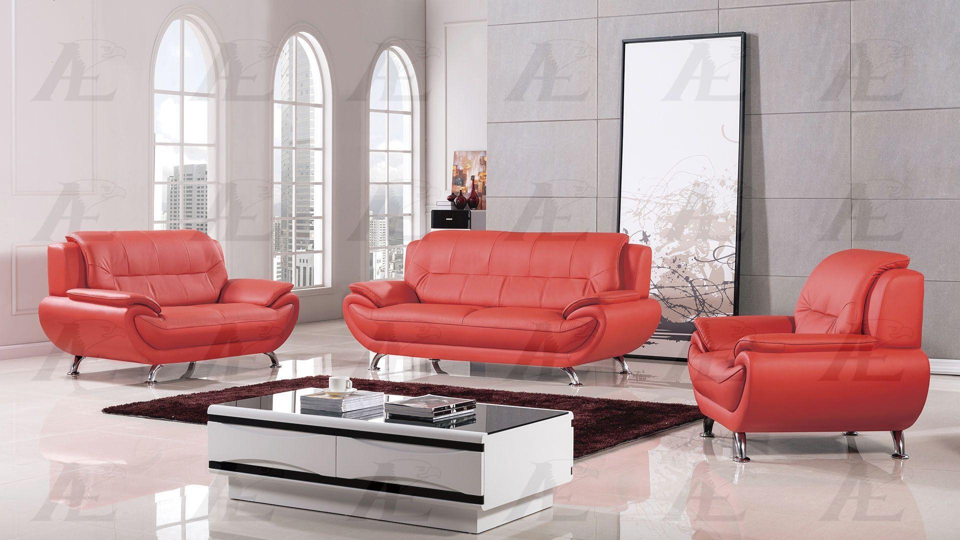 Contemporary, Modern Sofa Set AE208-RED-3PC AE208-RED-3PC in Red Faux Leather