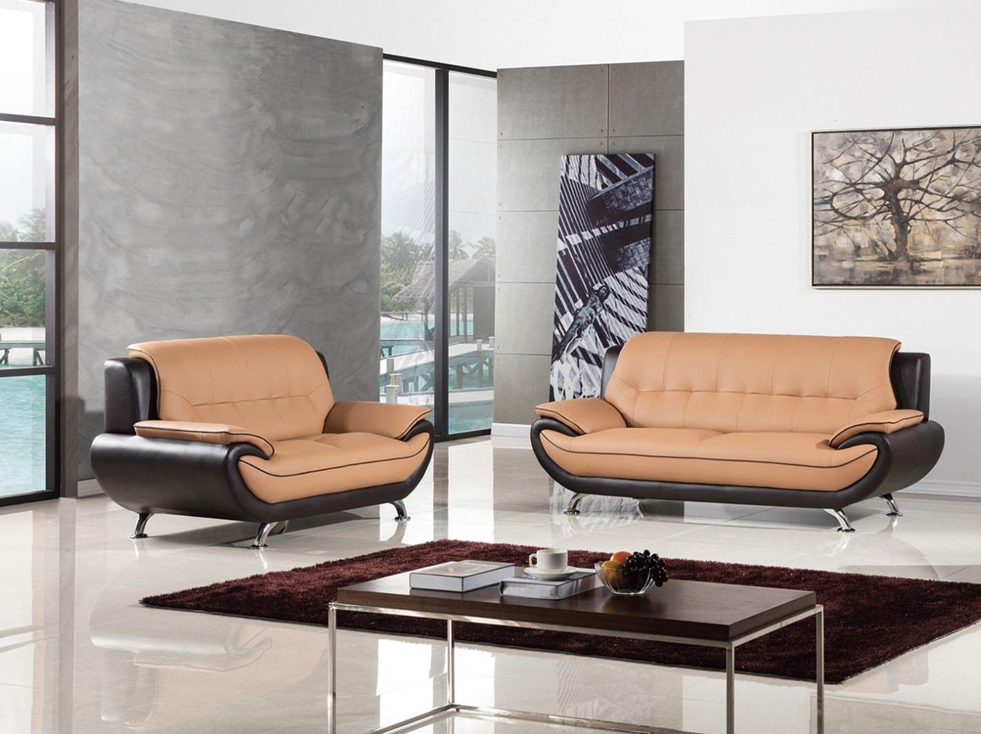 Contemporary, Modern Sofa Set AE208-YO.BR AE208-YO.BR-2PC in Light Brown, Dark Brown Faux Leather