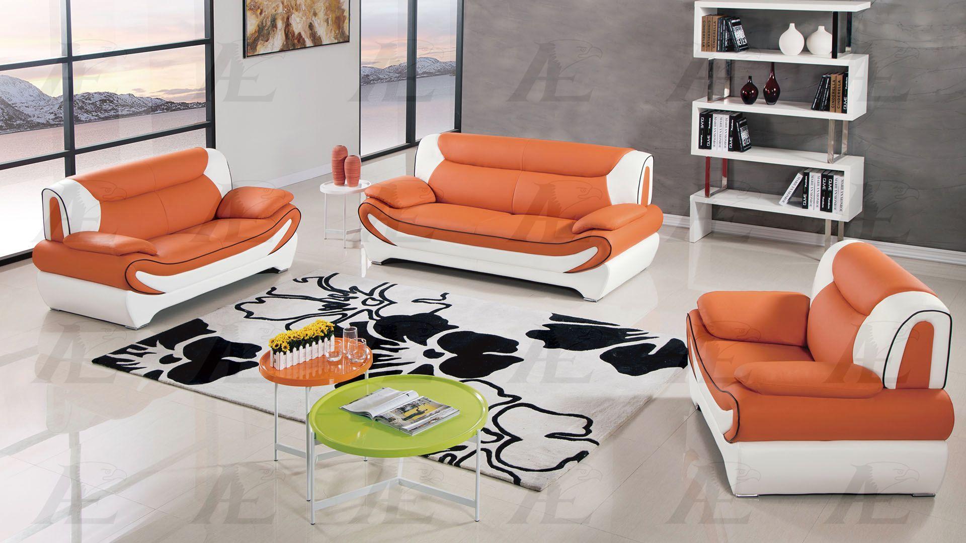 Contemporary, Modern Sofa Set AE209-ORG.IV AE209-ORG.IV-Set-3 in White, Orange Bonded Leather
