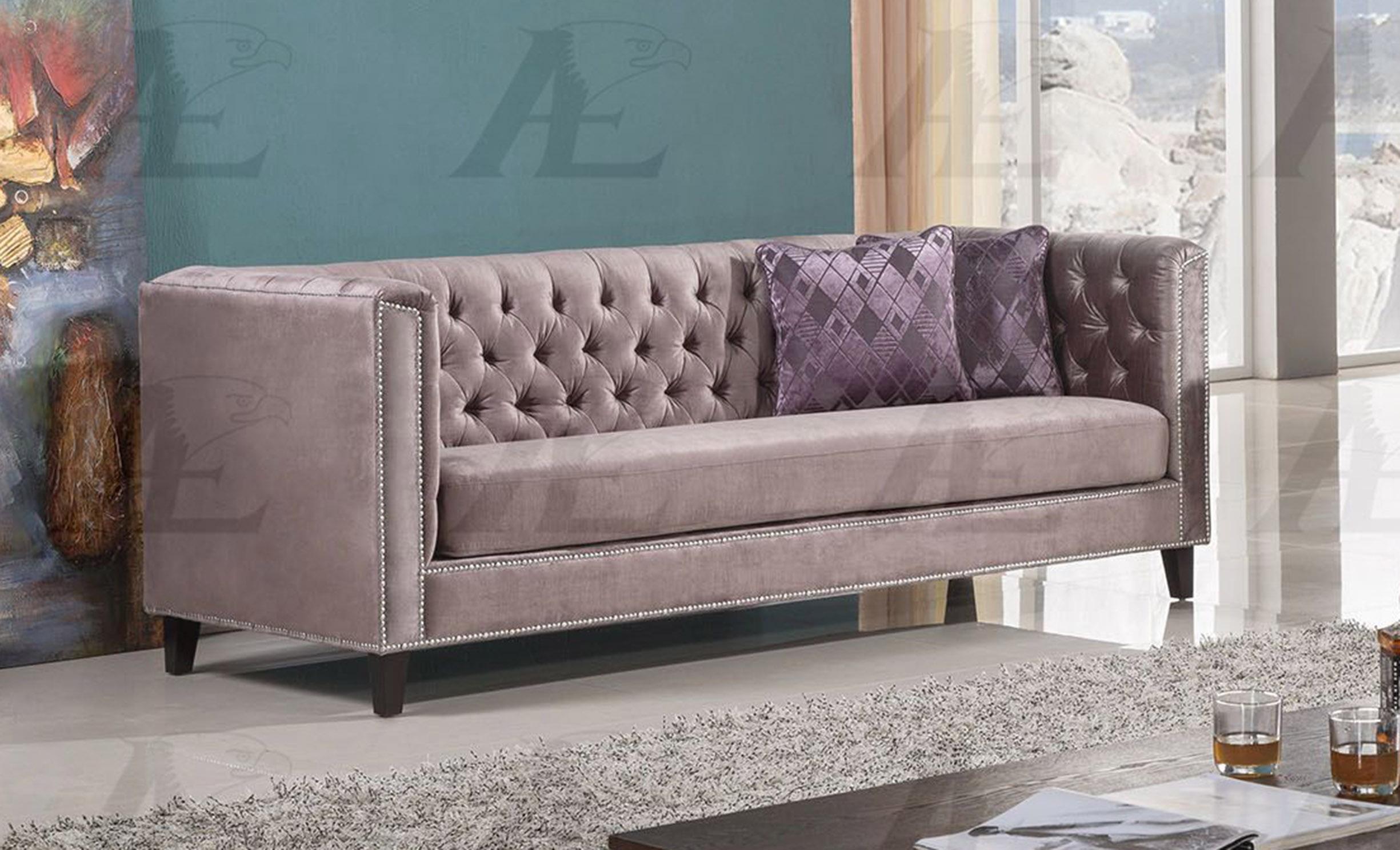 

    
American Eagle Furniture  AE2373-DB Dusty Brown Silky Velvet Tufted Sofa Contemporary
