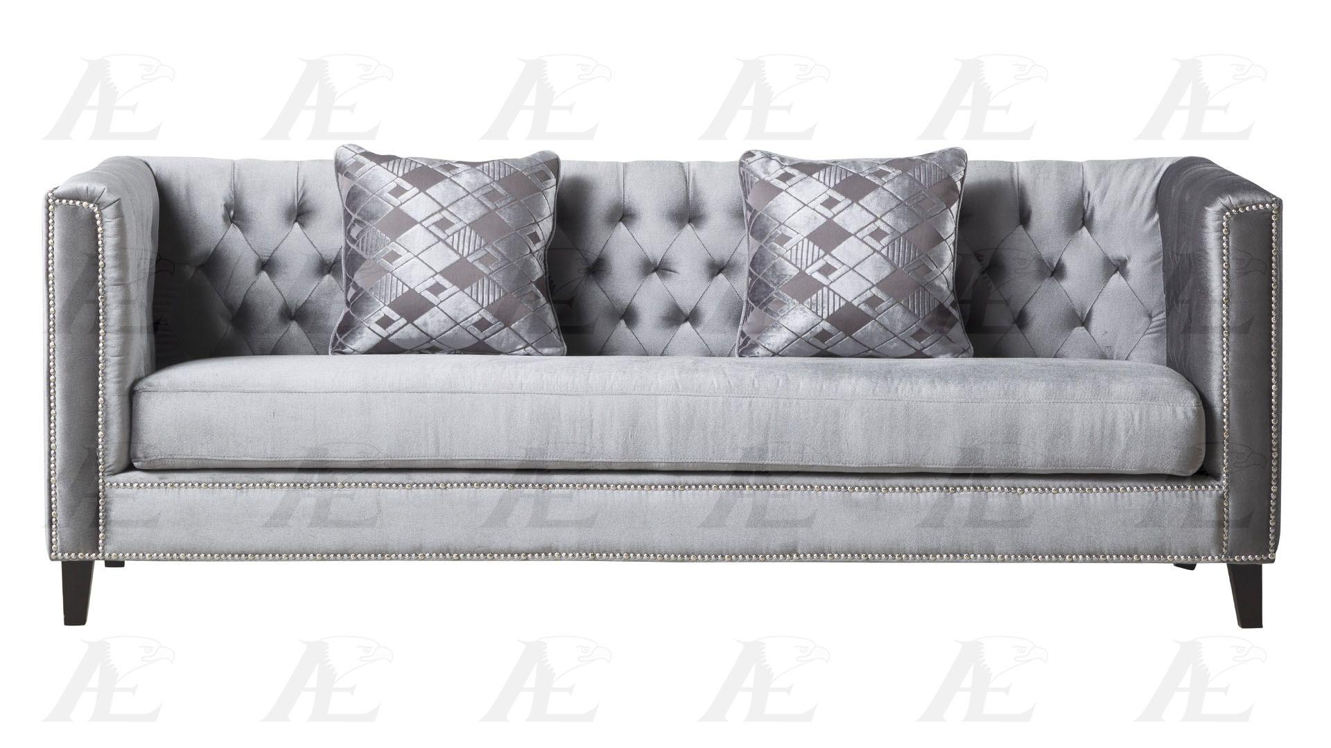 

    
American Eagle Furniture  AE2373-GR Gray Silky Velvet Tufted Sofa and Loveseat Set Contemporary 2Pcs
