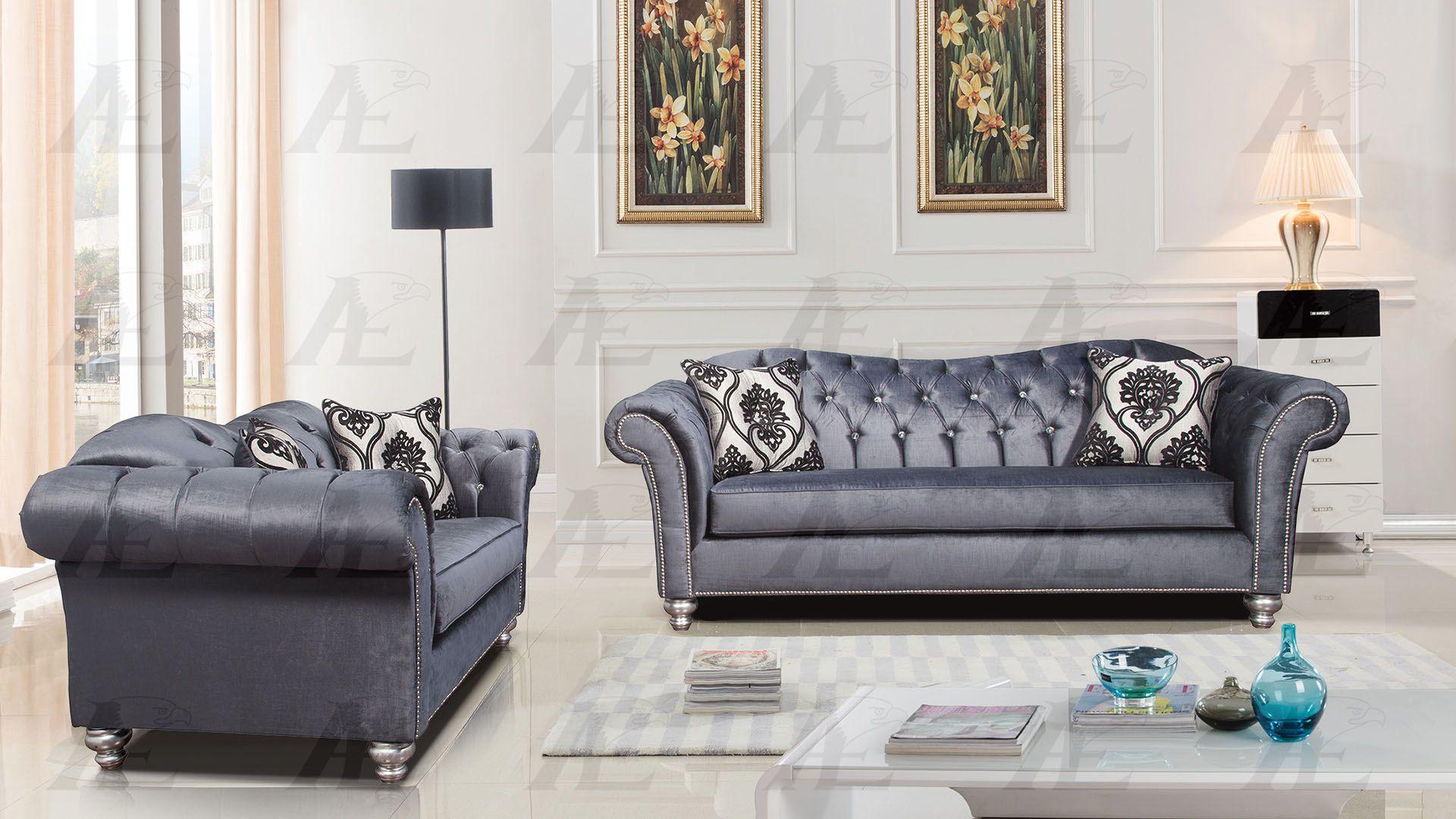 Contemporary Sofa and Loveseat Set AE2600-GB AE2600-GB -Set-2 in Blue Fabric