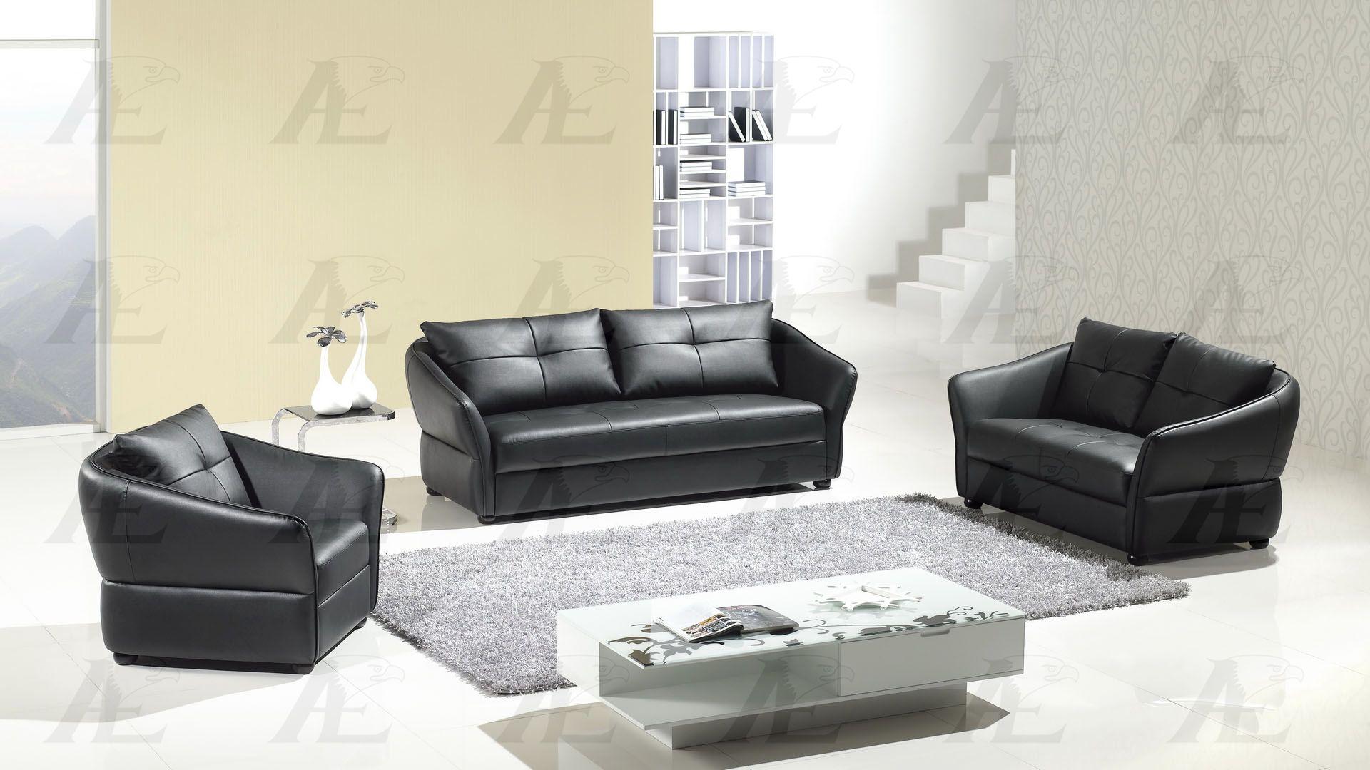 Modern Sofa Loveseat and Chair Set AE348-BK AE348-BK-Set-3 in Black Bonded Leather