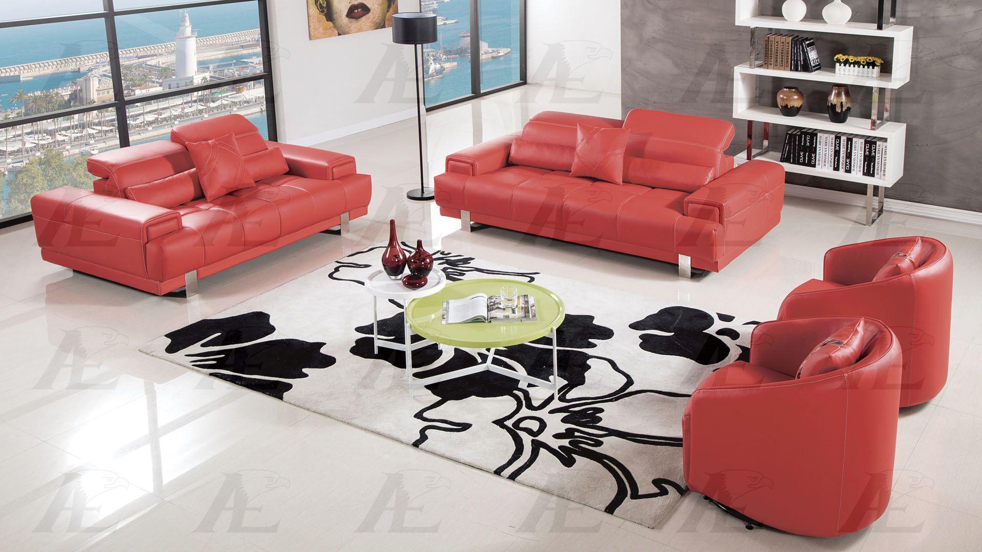 Modern Sofa Loveseat and Chair Set AE606-RED AE606-RED-Set-4 in Red Bonded Leather