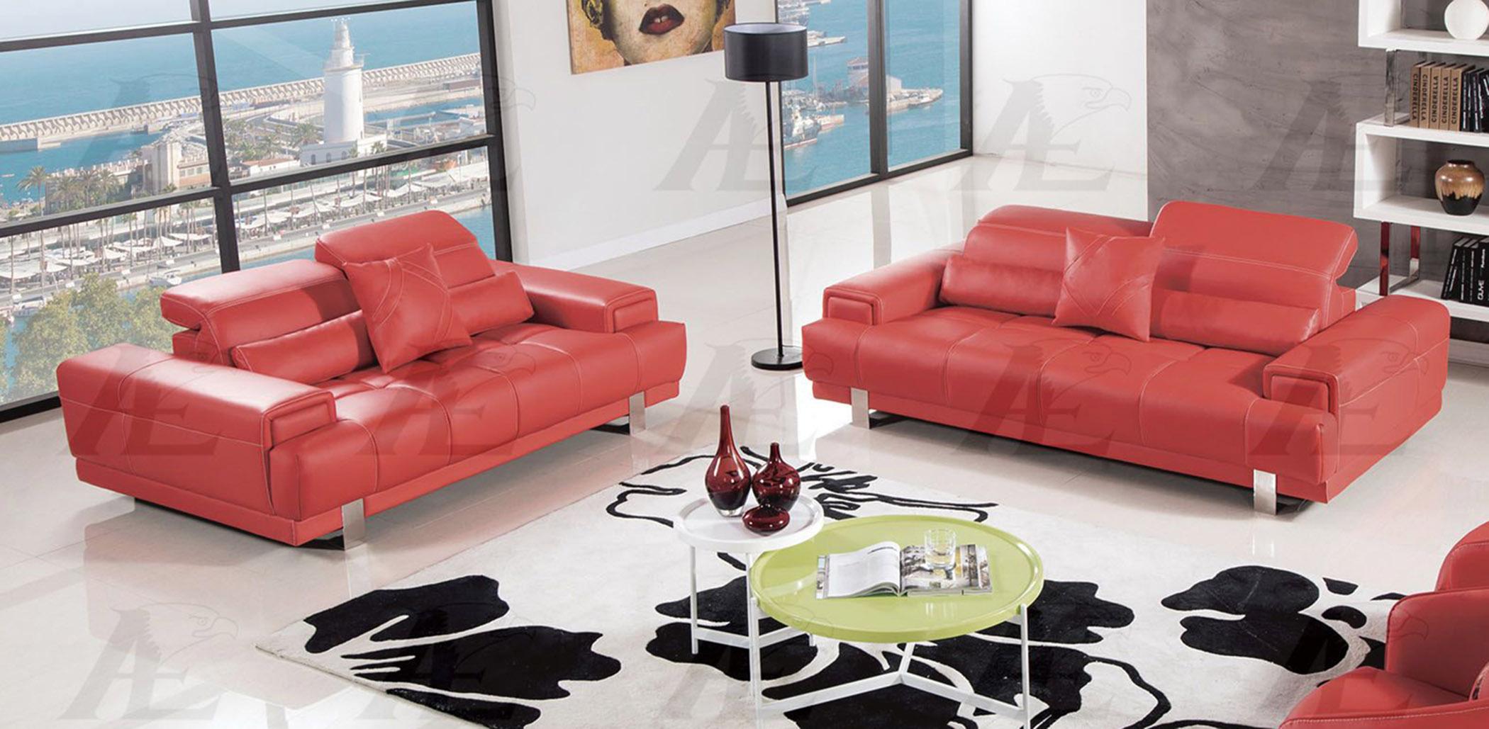 Modern Sofa and Loveseat Set AE606-RED AE606-RED-Set-2 in Red Bonded Leather