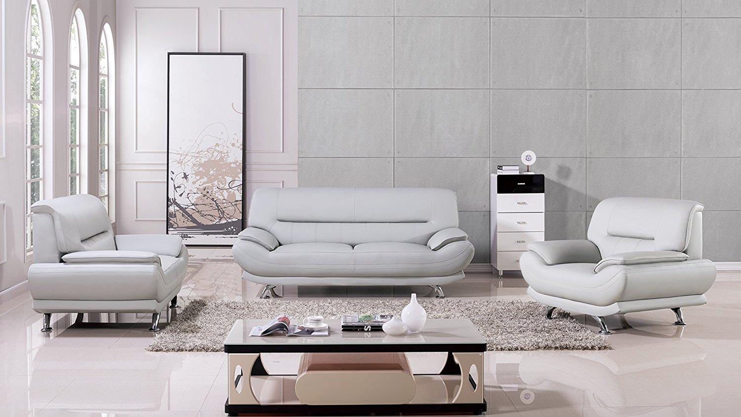 

    
Light Gray Faux Leather Living Room Sofa Set 3Pcs AE709-LG American Eagle Modern
