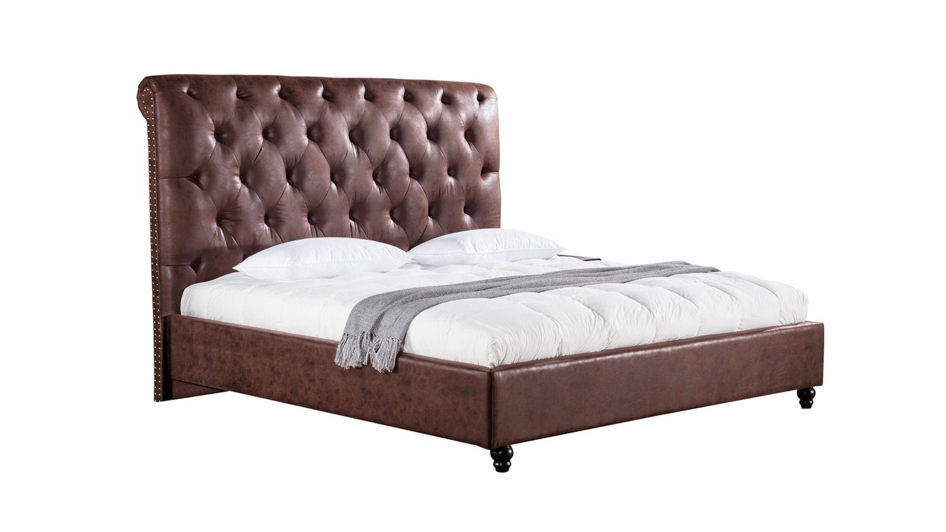 Contemporary Platform Bed B-D061 B-D061-EK in Brown Leather Air Fabric