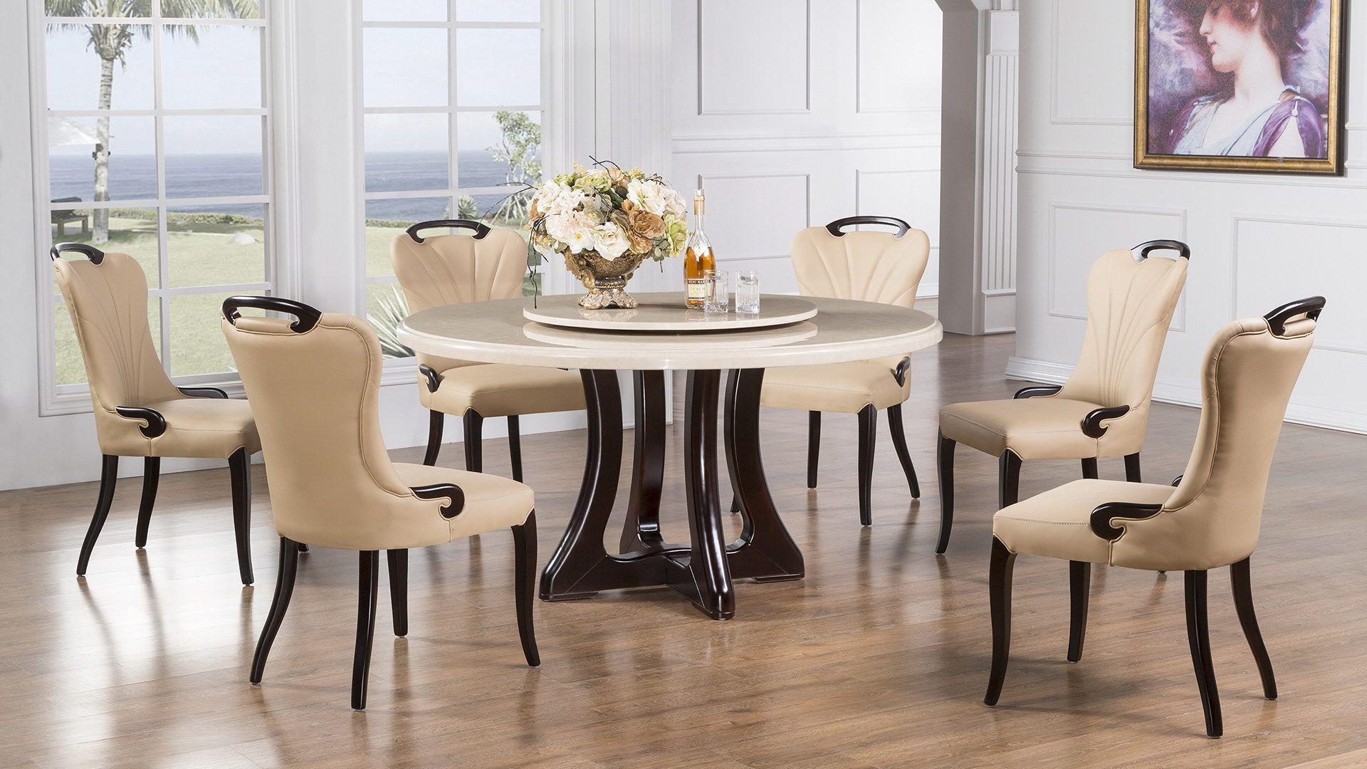 

    
Beige Faux Marble Top Round Dining Table w/ Lazy Susan American Eagle DT-H222
