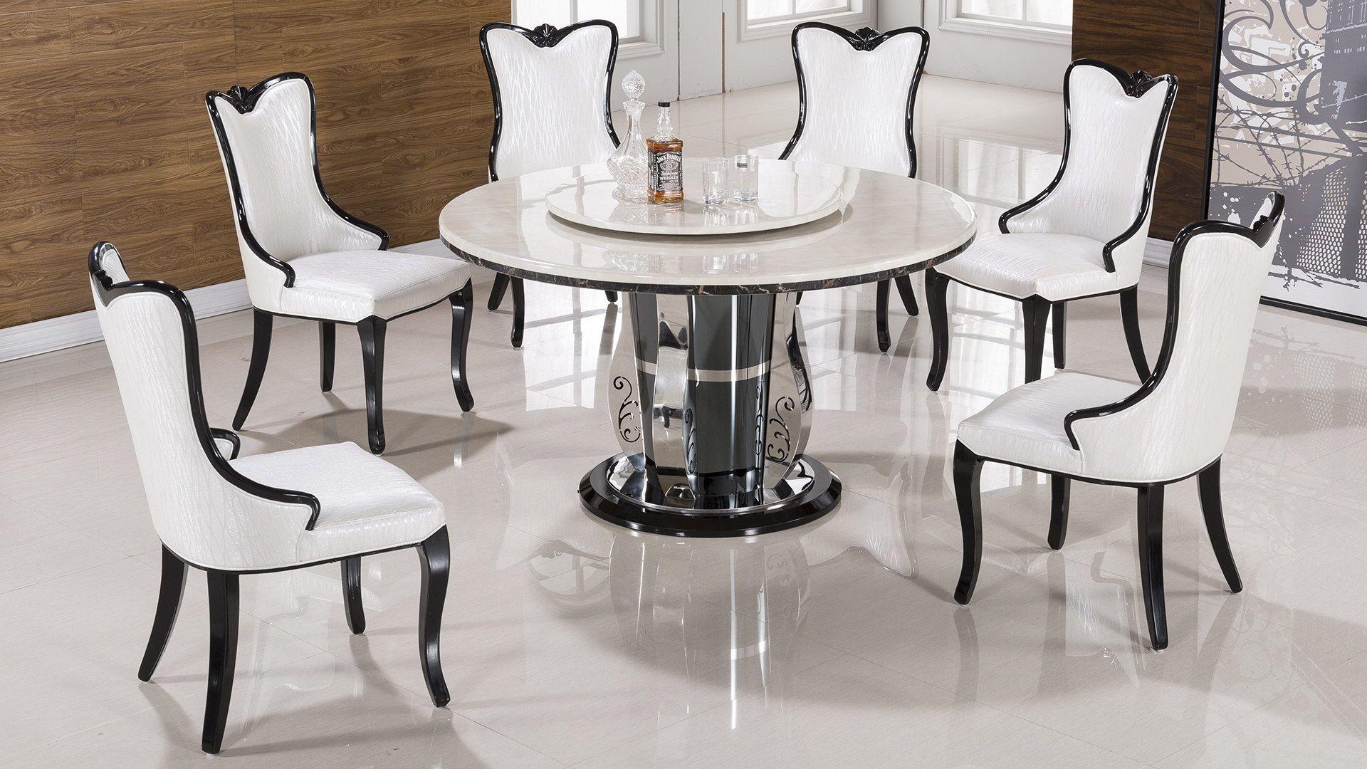 

    
Faux Marble Top Round Table & White PU Chairs Set 5Pcs American Eagle DT-H62
