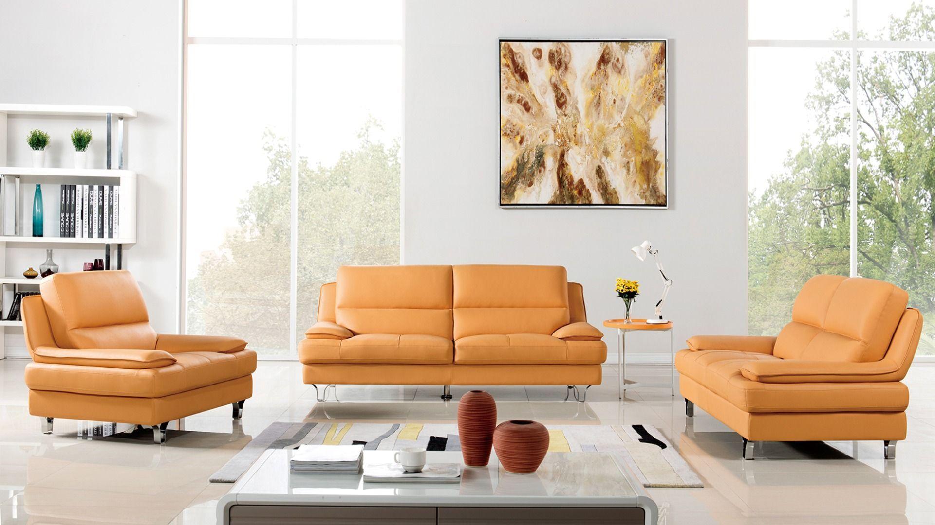 Yellow Genuine Leather Sofa Set 3pcs Ek