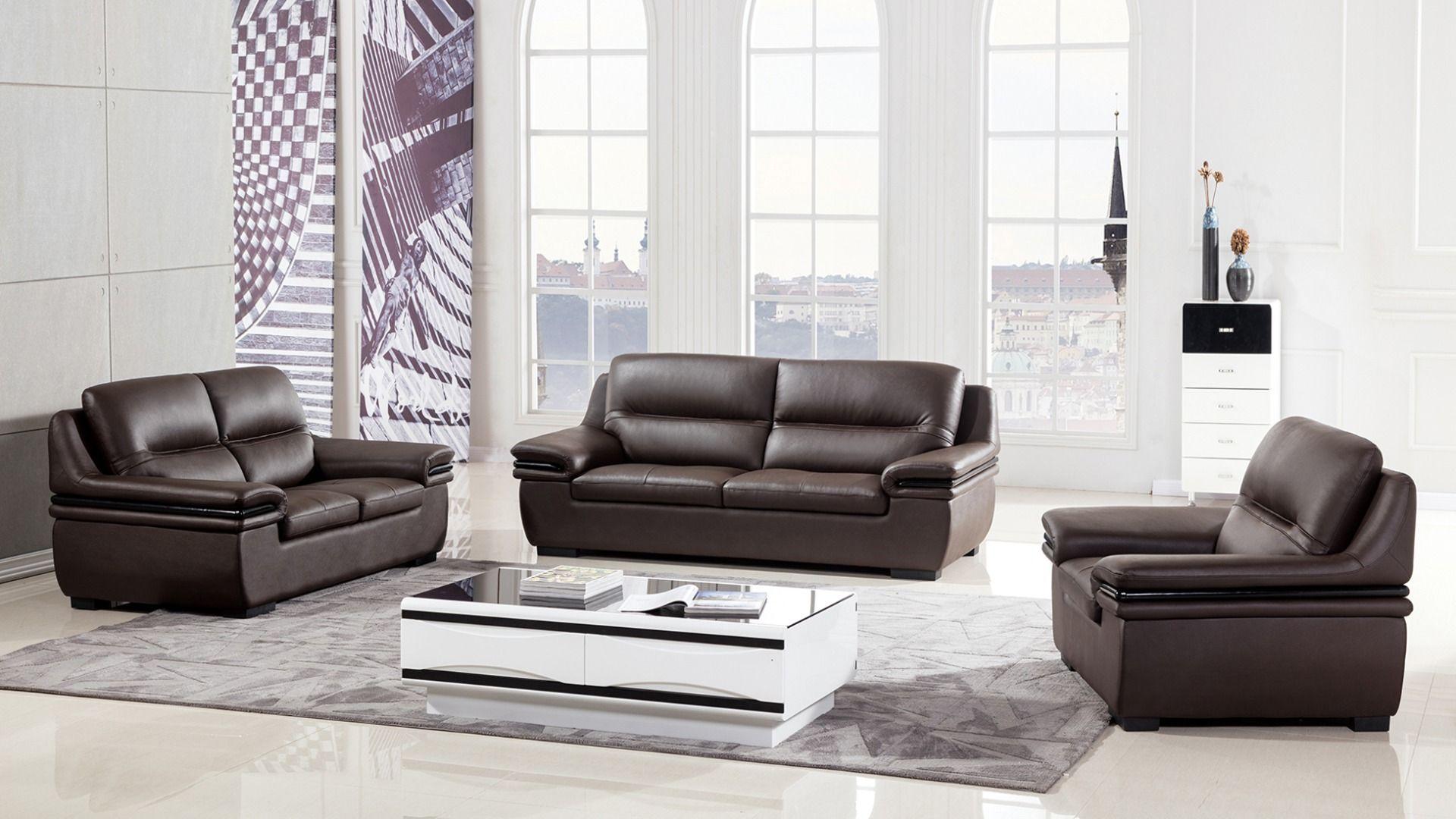 Modern Sofa Set EK-9113-DC-SET EK-9113-DC-SF-Set-3 in Dark Chocolate Genuine Leather