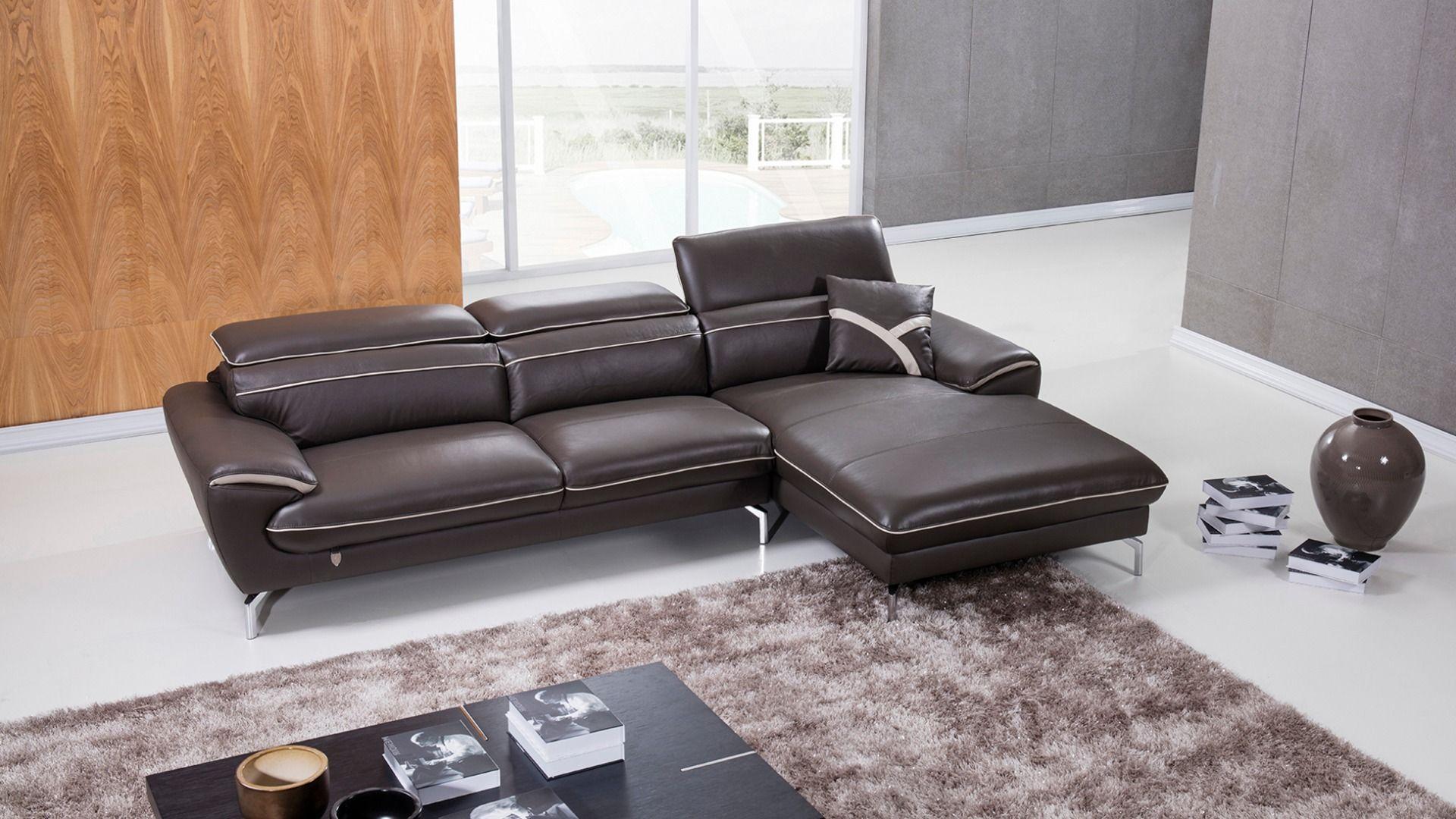 Contemporary, Modern Sectional Sofa EK-L040-TPE.LG EK-L040R-TPE.LG in Gray Italian Leather
