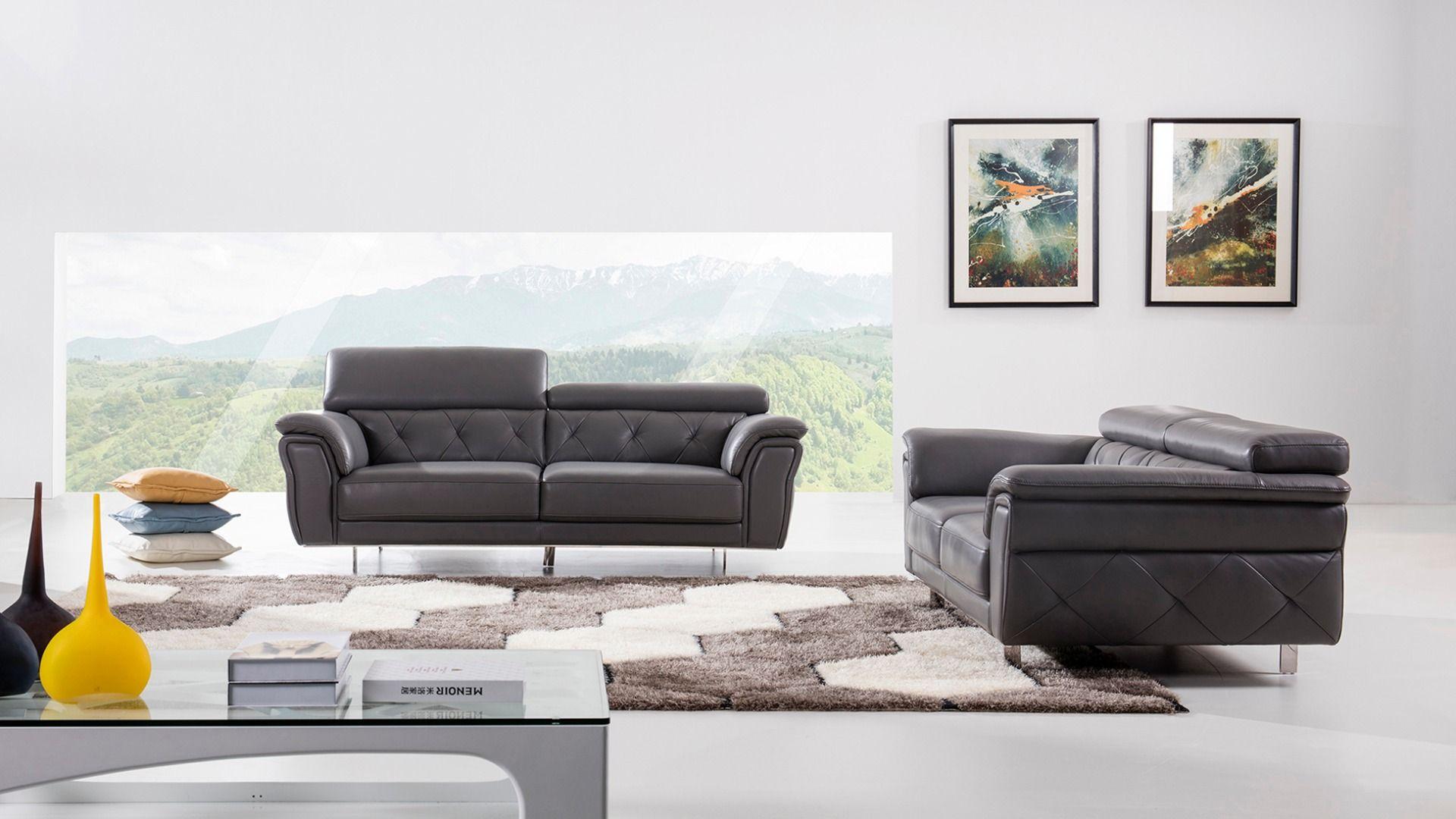 Modern Sofa Set EK068-GR EK068-GR-Set-2 in Dark Gray Italian Leather