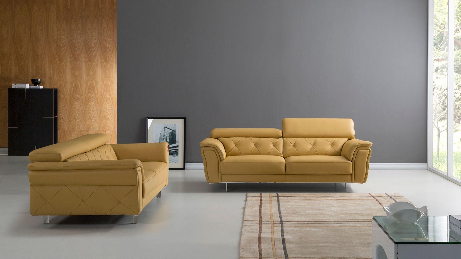 Modern Sofa Set EK068-YO EK068-YO-Set-2 in Yellow Italian Leather