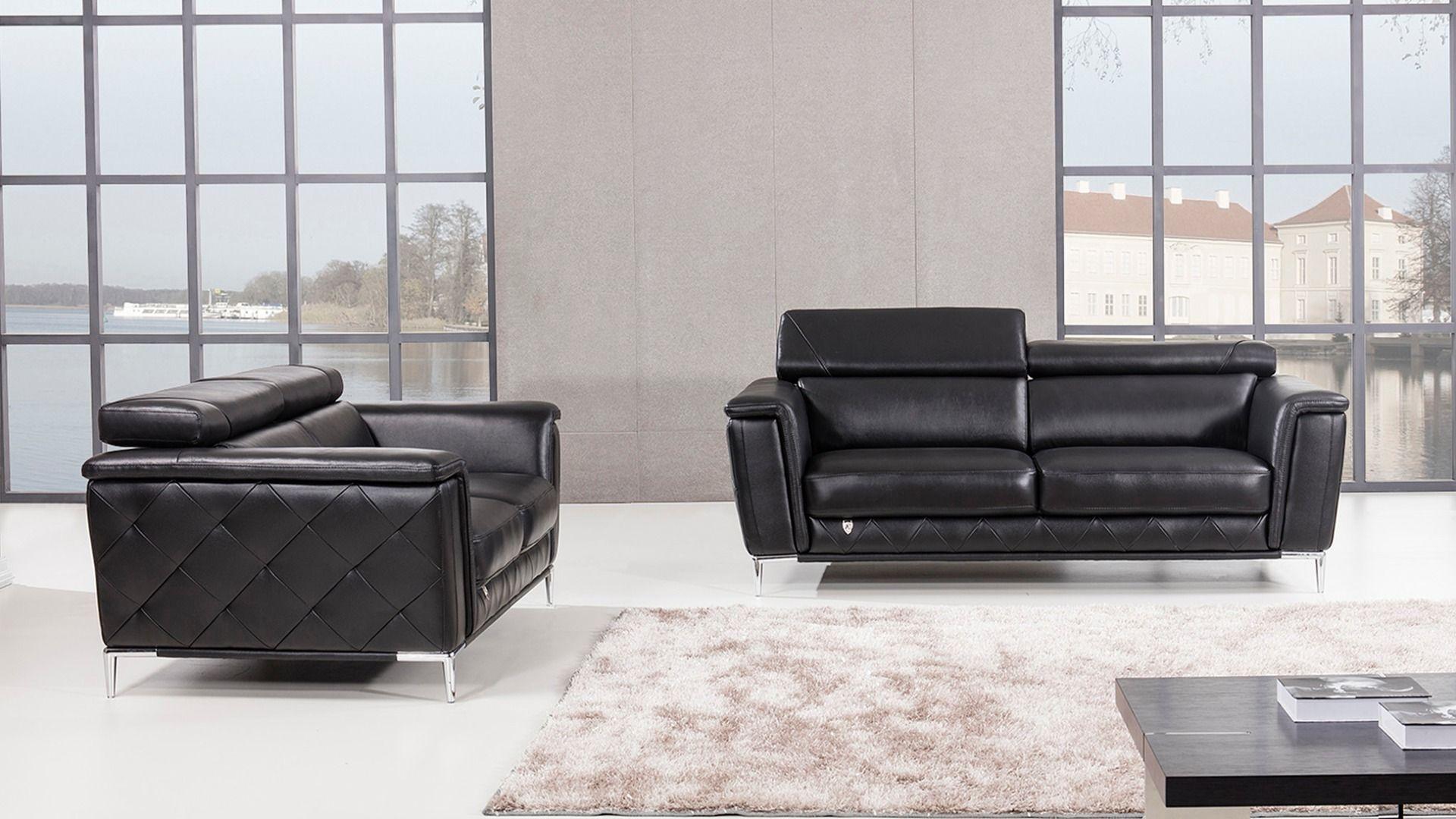Modern Sofa Set EK071-BK EK071-BK-Set-2 in Black Italian Leather