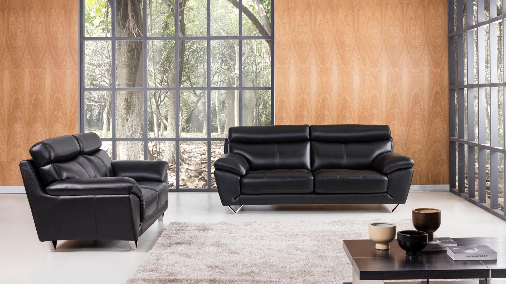 Contemporary, Modern Sofa Set EK078-BK EK078-BK Set-2 in Black Italian Leather
