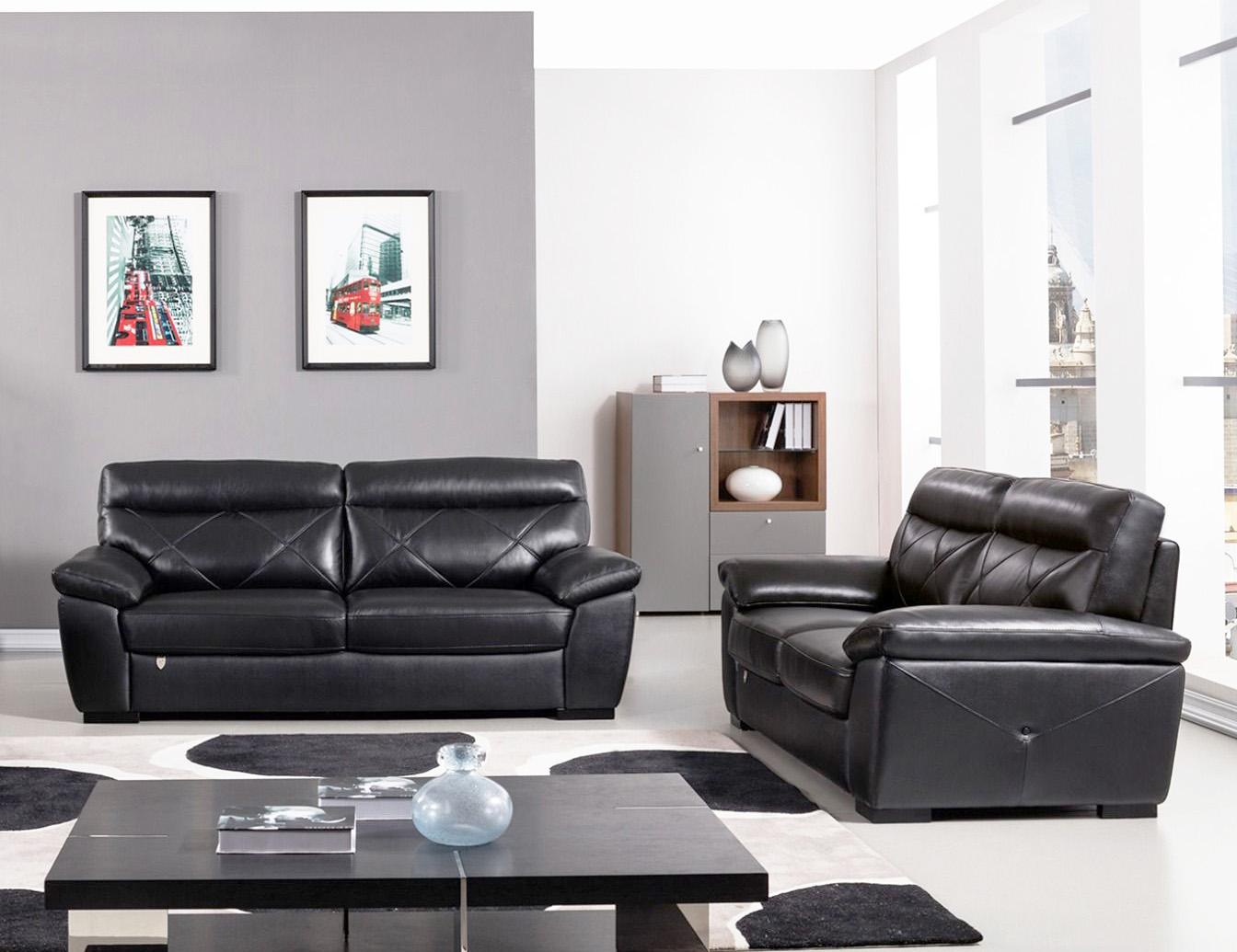 Contemporary, Modern Sofa Set EK081-BK EK081-BK-Set-2 in Black Italian Leather