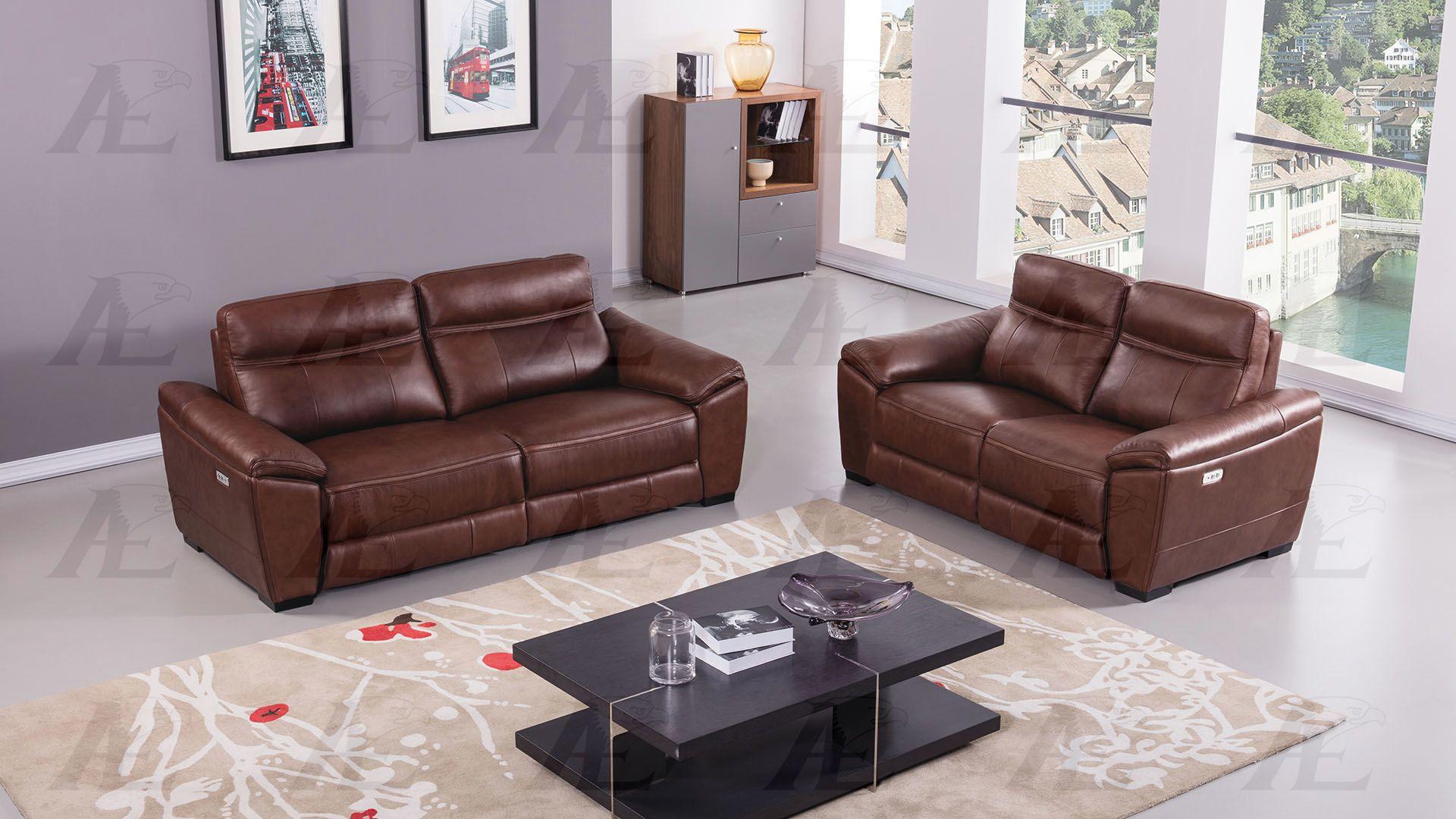 

    
 Order  Brown Italian Full Leather Recliner Sofa Set 2Pcs EK088-BR American Eagle Modern
