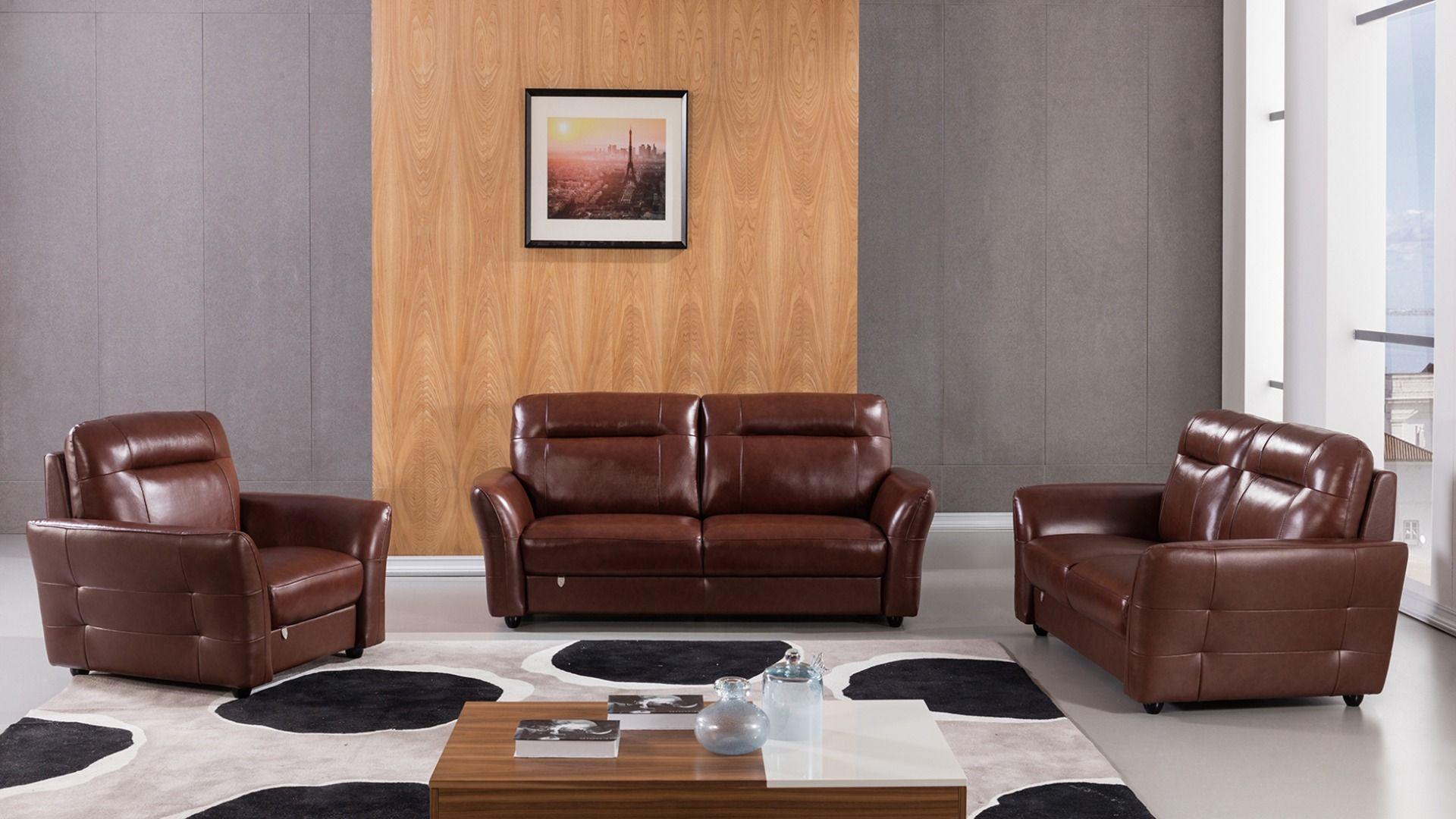 Modern Sofa Set EK090-BR EK090-BR-Set-3 in Brown Italian Leather