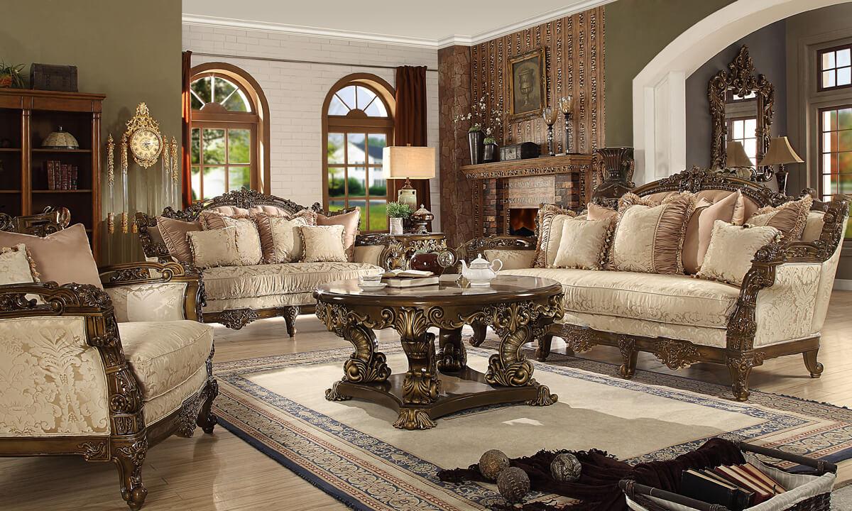 Traditional Sofa Loveseat and Chair Set HD-1609-SSET3 HD-1609-SSET3 in Antique, Gold, Brown Fabric