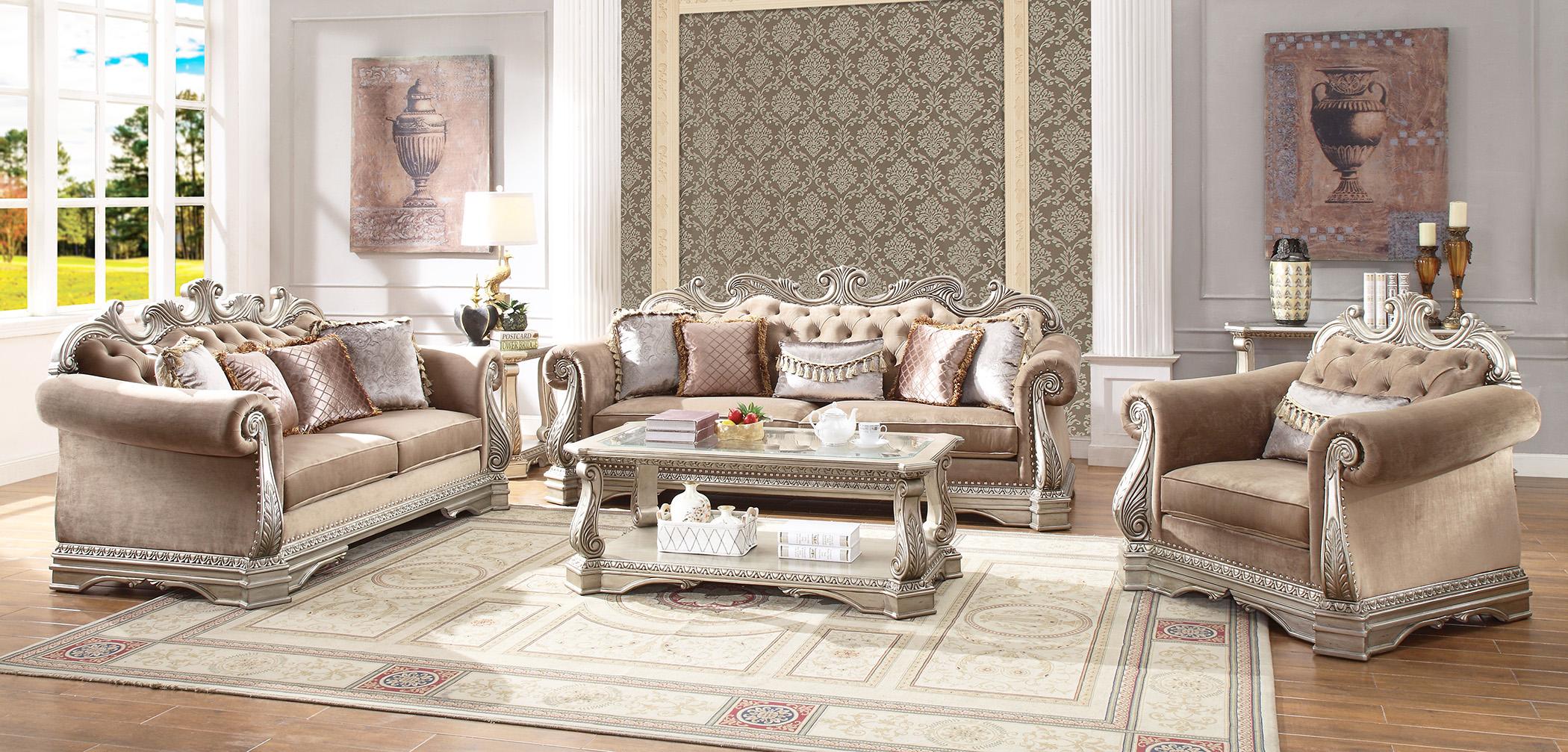 Classic, Traditional Sofa Loveseat and Chair Set Northville-56930 Northville-56930-Set-3 in Antique, Champagne Velvet