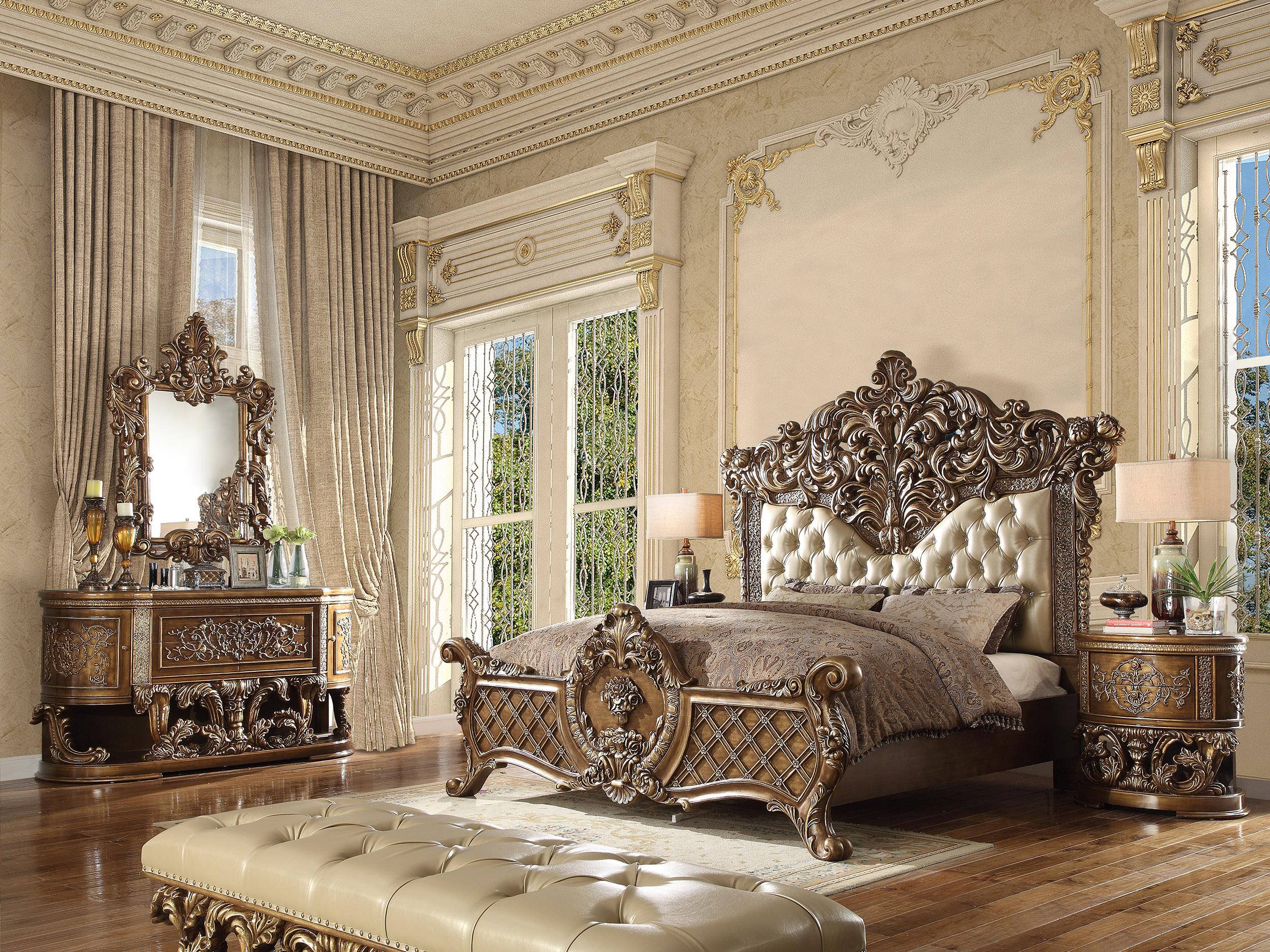 Classic, Traditional, European Traditional Panel Bedroom Set BD00471EK BD00471EK-Set-5 in Gold Finish, Brown, Beige Leather