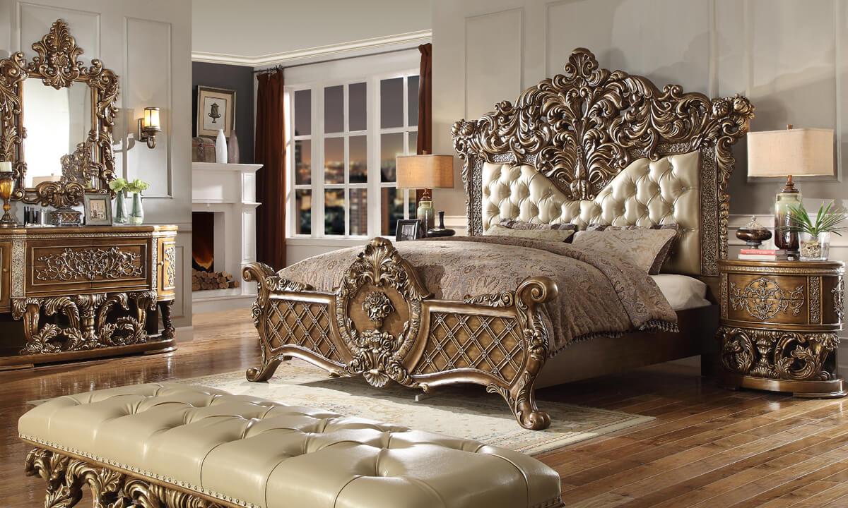 Traditional Panel Bedroom Set HD-8018 HD-8018EK-6PC in Golden Brown Leather
