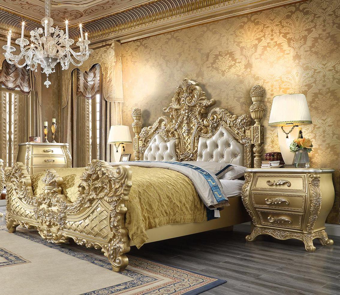 Traditional Panel Bedroom Set HD-1801 HD-CK1801-2PC in Metallic, Gold Finish, Antique Leather