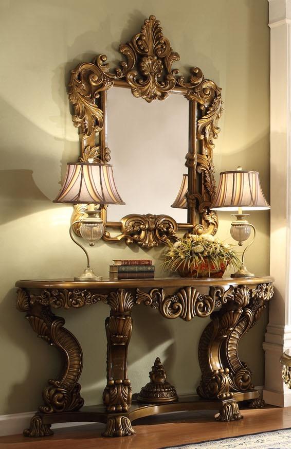 Traditional Console Table and Mirror Set HD-CON8008 HD-CON8008-2PC in Gold Finish, Brown 
