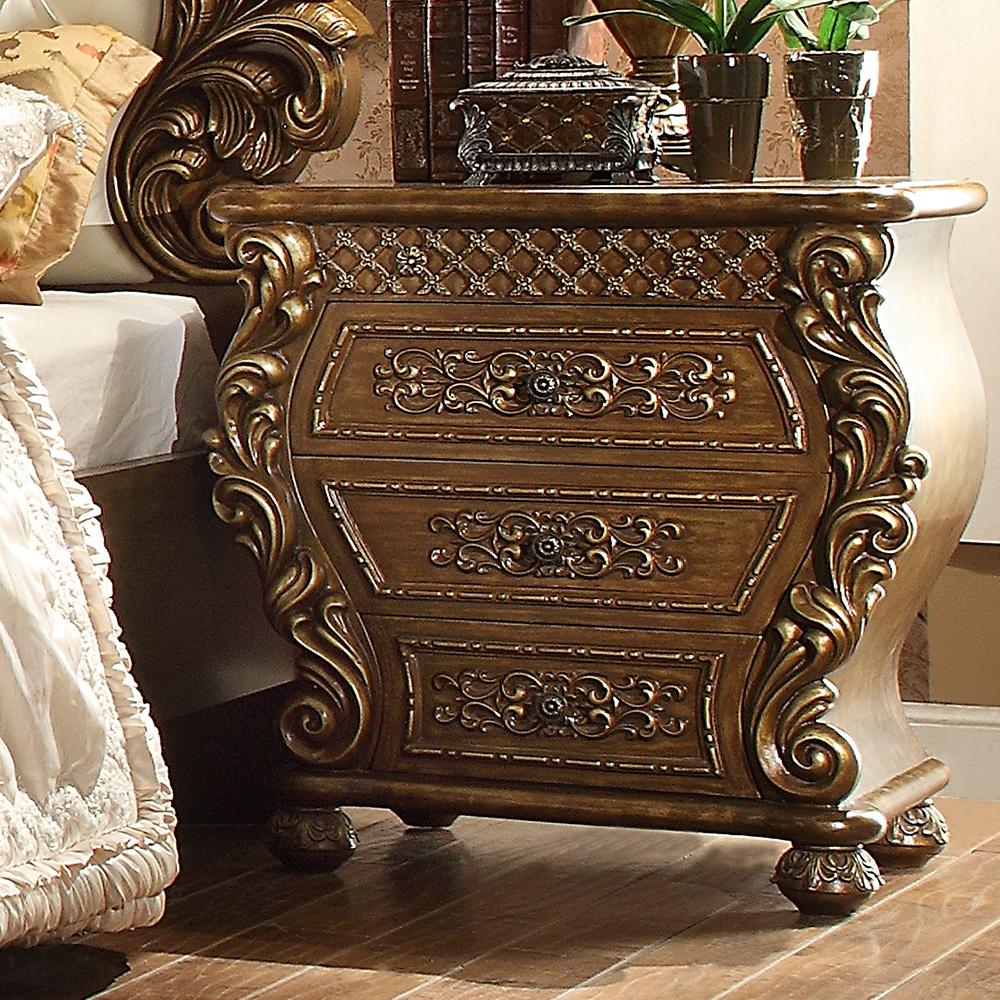 

    
Antique Gold & Perfect Brown Nightstand Set 2 Pcs Traditional Homey Design HD-8011
